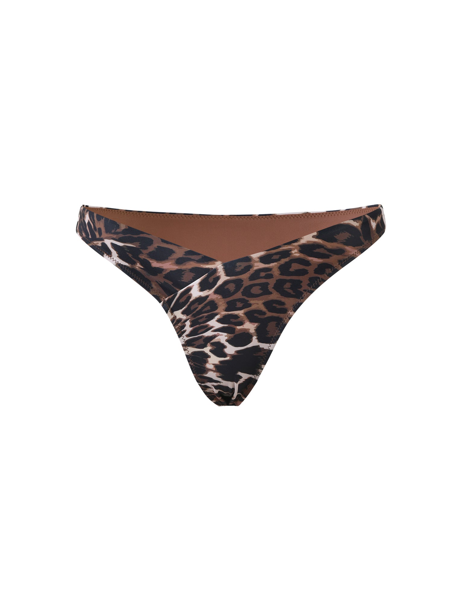 The CYNTHIA V CUT BIKINI BOTTOM - MULTI : LEOPARD from TIGERMIST is a pair of women's bikini bottoms with a high-cut design and a leopard print pattern in shades of brown, black, and tan. The smooth fabric offers a sleek and stylish look, and the waistband features a slightly V-shaped design.