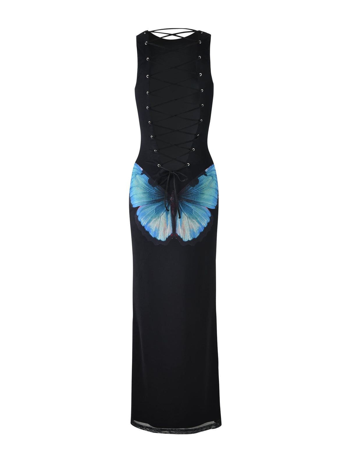 The ZAHRAA DRESS - BLACK : BUTTERFLY from TIGERMIST is a sleeveless black dress featuring a lace-up corset-style bodice with silver eyelets and intricate cross-lacing. It boasts a large blue butterfly design at the waist, with the wings extending around to the front and back, adding a vibrant accent.
