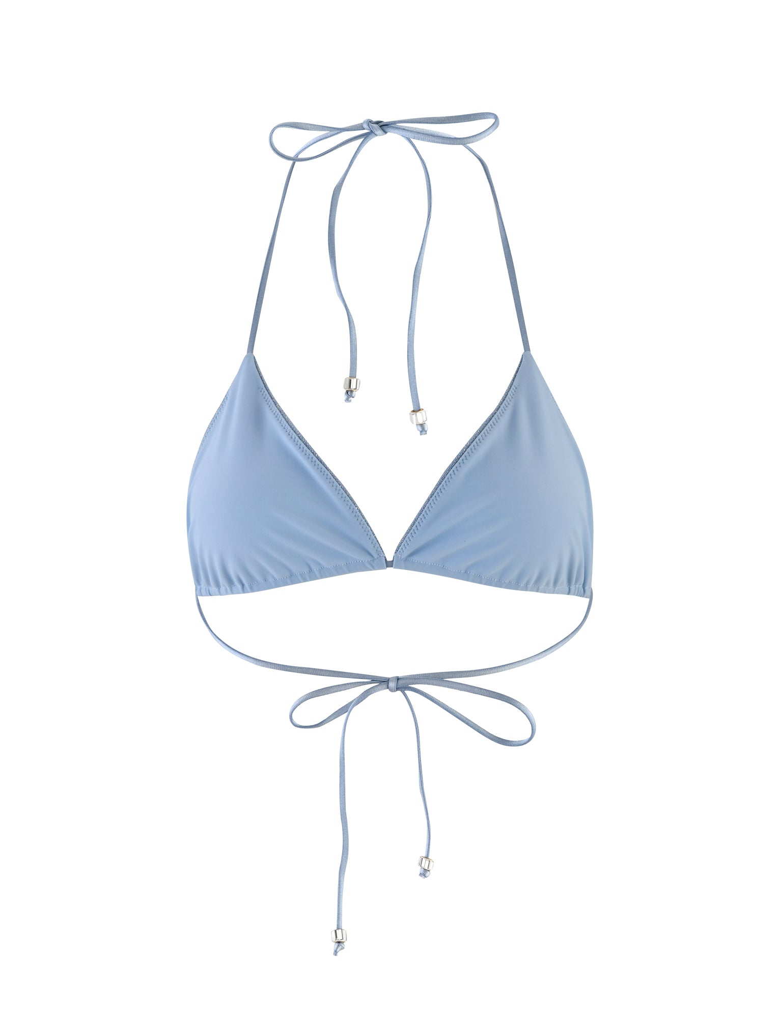 A TIGERMIST AVE BIKINI TOP in Blue Sparkle featuring triangle cups. The halter strings tie around the neck, while the long strings, ending in silver beads, tie around the back. The fabric is smooth with a slight sheen.