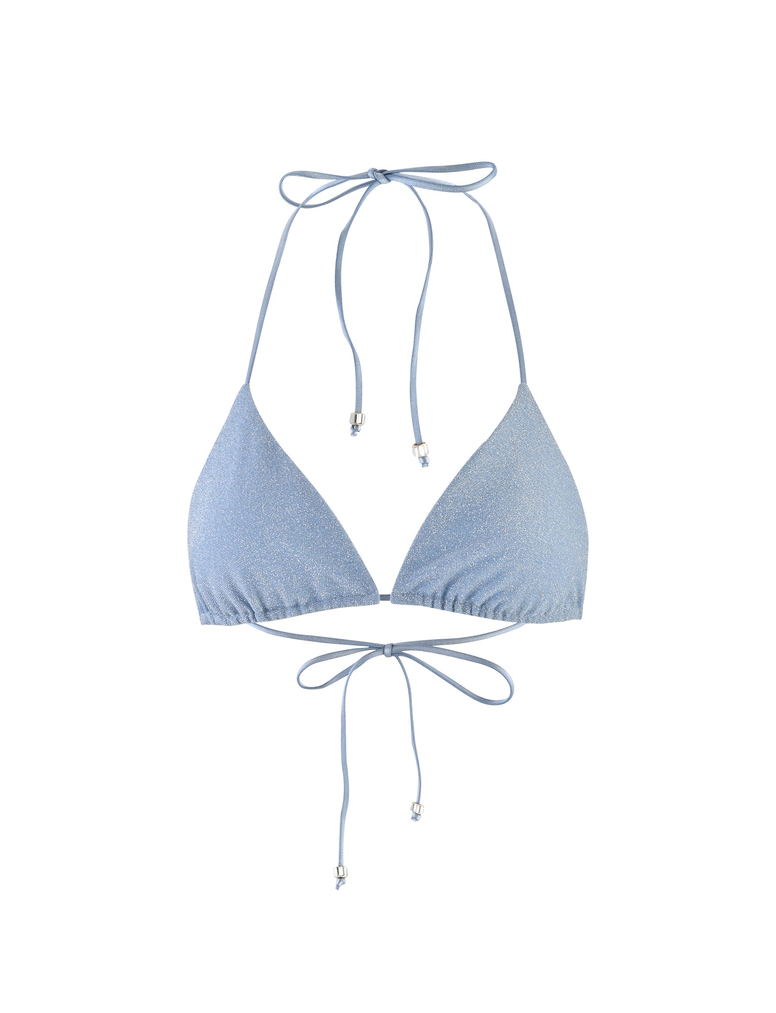Introducing the AVE BIKINI TOP - BLUE SPARKLE by TIGERMIST, a light blue bikini top with a triangle cup design. It features thin straps that tie around the neck and back, accented with small silver beads on the ends of each strap.