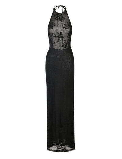 Image of the Lucia Dress in black lace by TigerMist. This long, sleeveless dress features a halter neckline with thin straps and a sheer bodice adorned with intricate floral lace detailing. The form-fitting skirt boasts a sheer lace overlay.