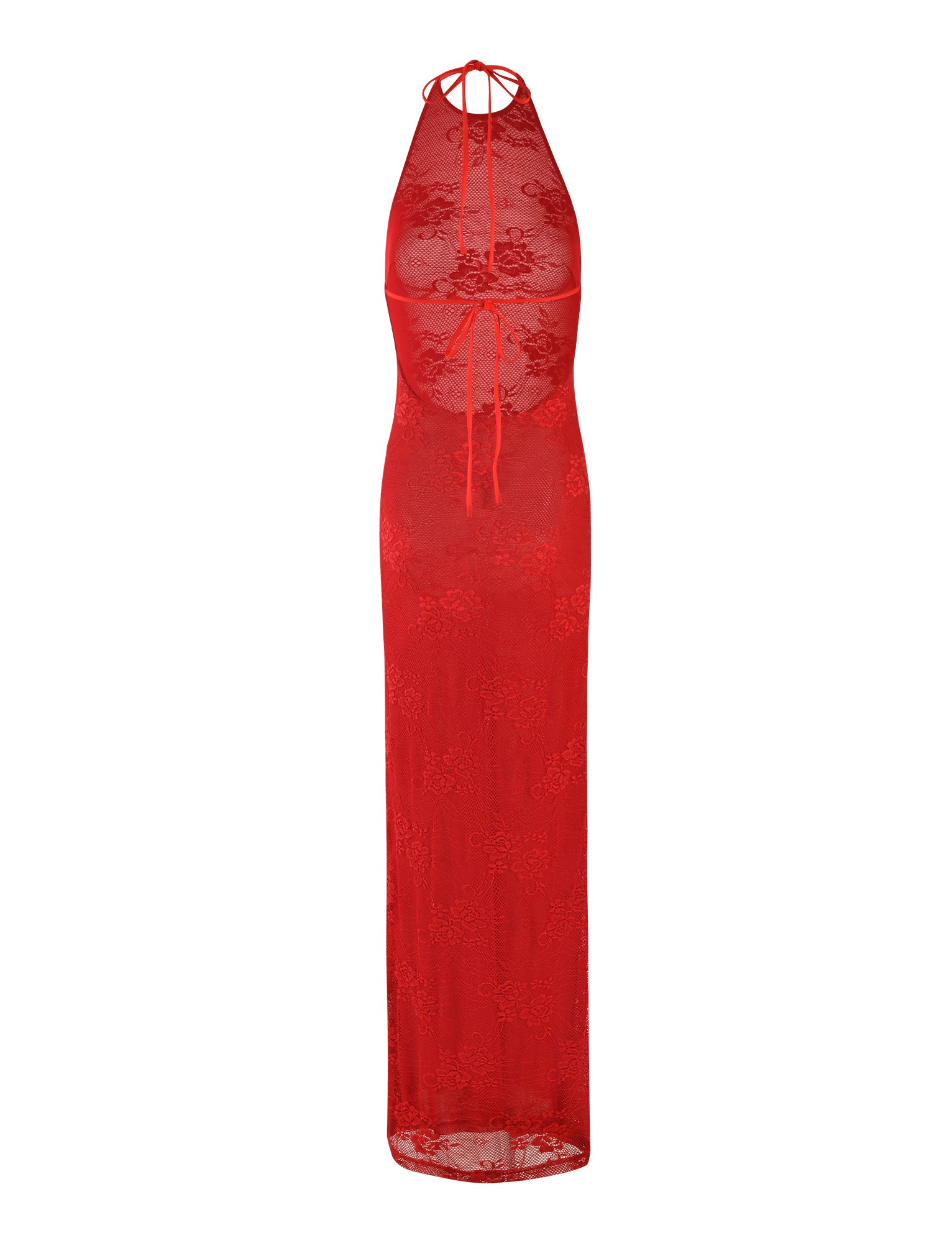 The LUCIA DRESS - RED : LACE by TIGERMIST is a stunning floor-length halter-neck dress featuring a floral lace pattern. It has a keyhole opening at the front and ties around the neck, with semi-sheer fabric that showcases intricate lace details throughout.