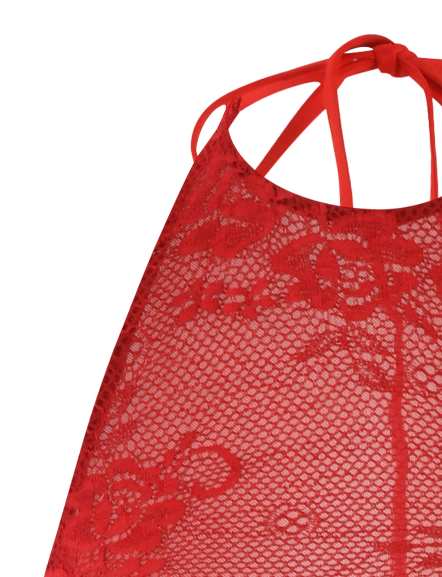Close-up of the red lace fabric showcasing floral patterns from the TIGERMIST LUCIA DRESS - RED: LACE. The semi-transparent lace reveals a section of what appears to be this dress, featuring intricate detailing that complements its halter-style neckline and thin straps.