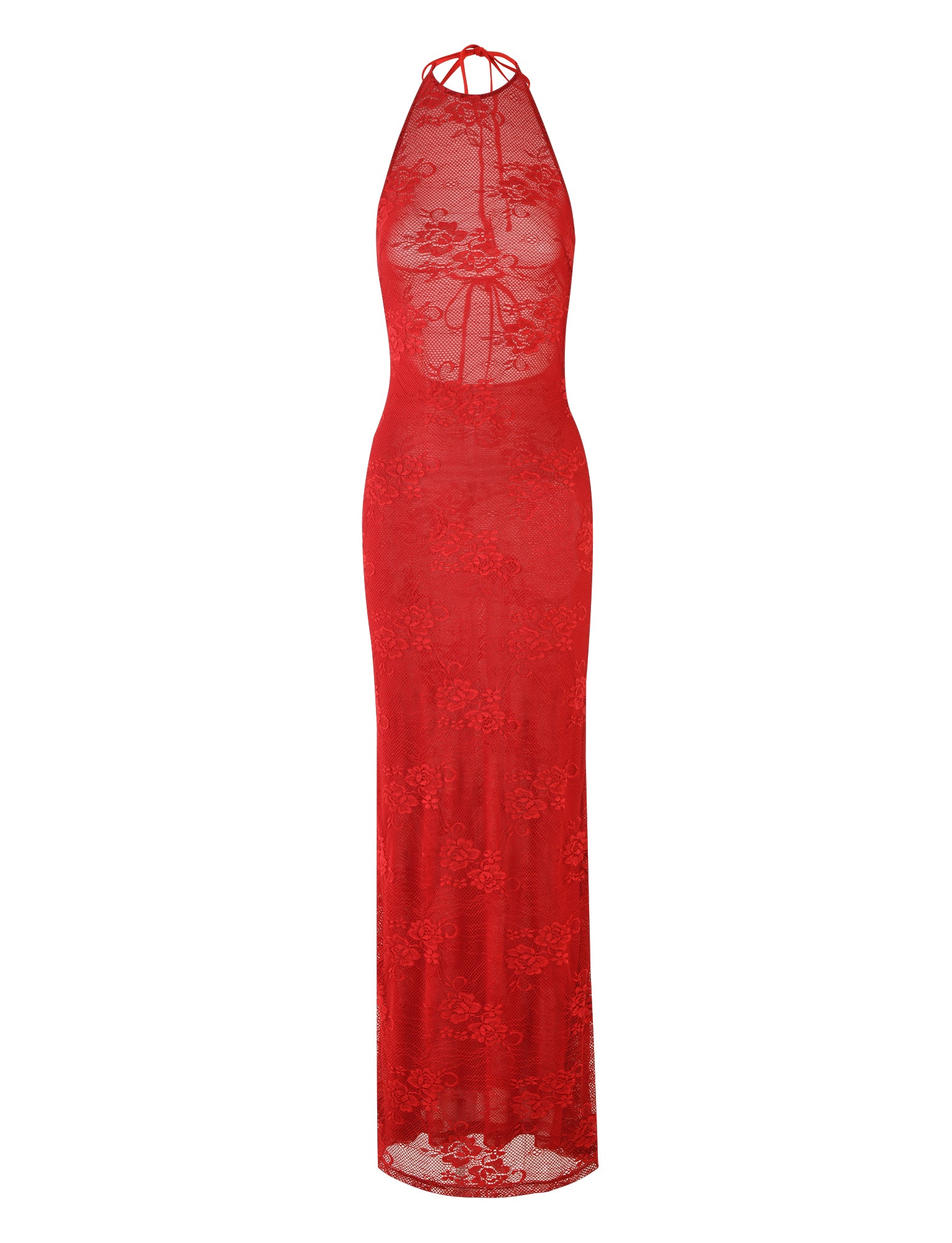 The LUCIA DRESS - RED : LACE from TIGERMIST is a form-fitting, red maxi dress with a high neckline and halter top design. It features an intricate floral lace pattern and has a sheer look, extending to the floor for an elegant and sensual appearance.