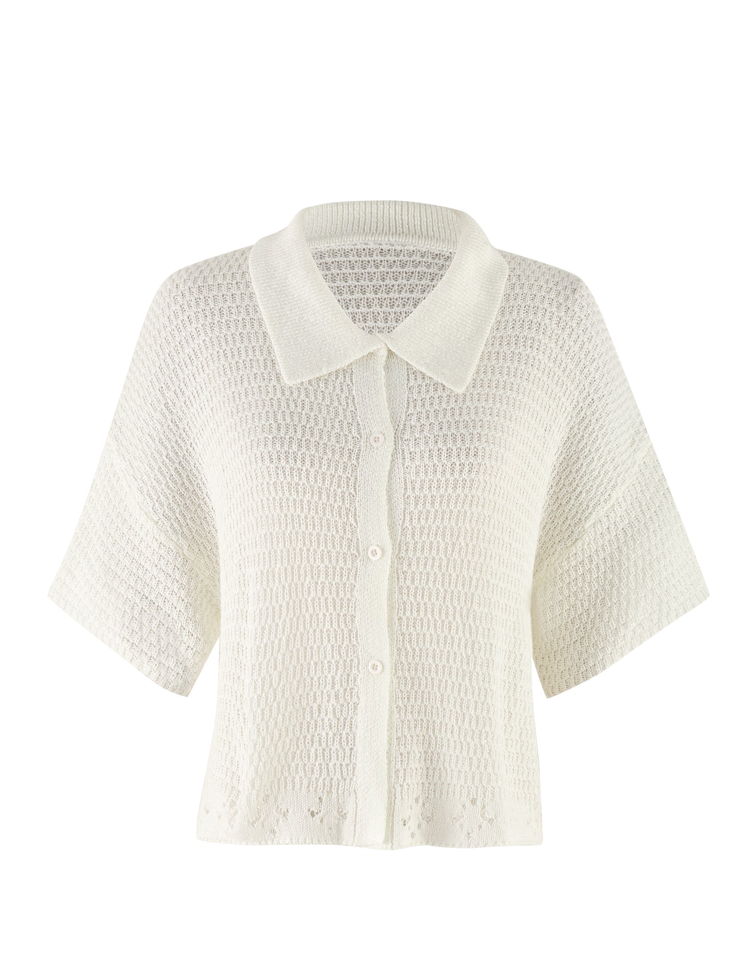 The JANAI TOP - WHITE : CREAM from TIGERMIST is a white, short-sleeved knit cardigan with a textured pattern. It features a button-up front and V-neckline, offering a relaxed, airy appearance with an oversized fit that makes it perfect for layering in warmer weather.