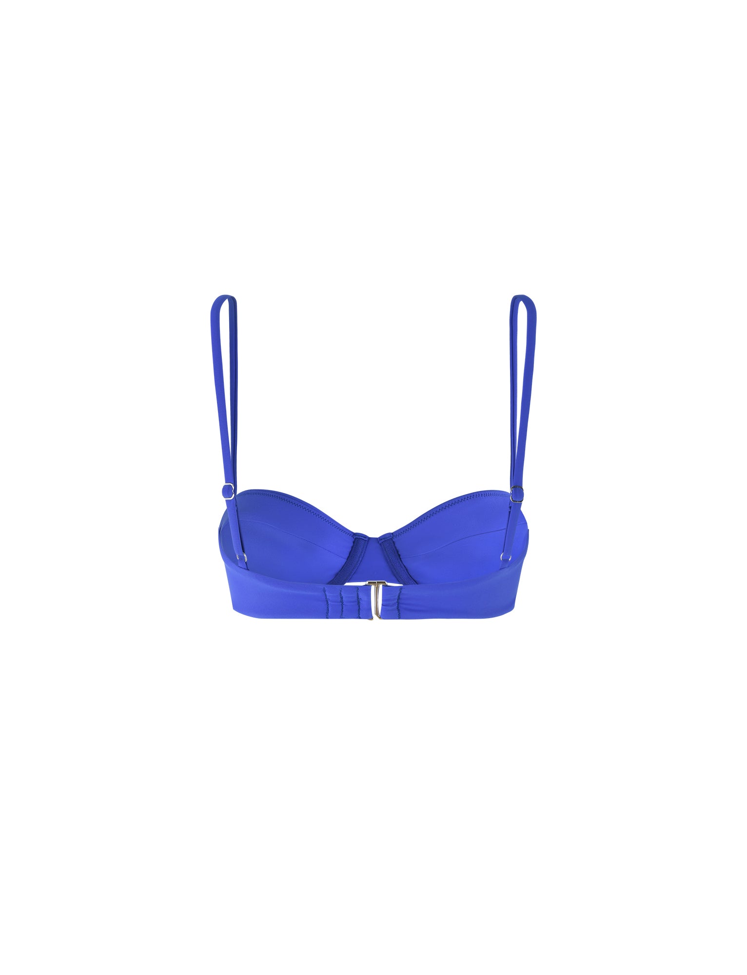 A TIGERMIST KHESSA Bikini Top in cobalt blue, featuring thin, adjustable shoulder straps and underwire support. The top includes a front clasp with seam lines on the cups for added structure. The fabric is smooth and slightly shiny, giving it a sleek appearance.