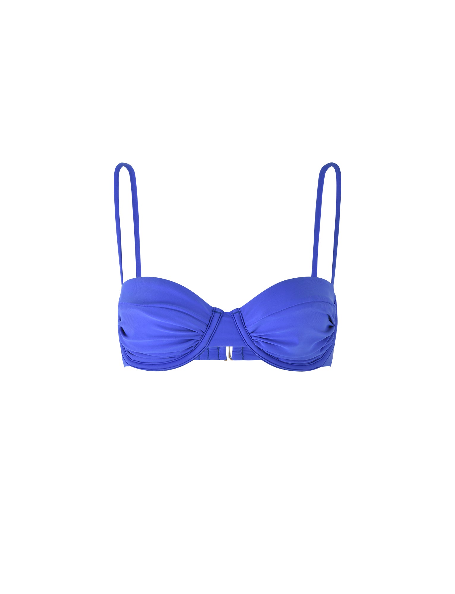 A vibrant blue TIGERMIST KHESSA Bikini Top in Cobalt, featuring thin adjustable straps, a gathered front design, and a small gold clasp at the front center. The bikini top is displayed on a plain white background.