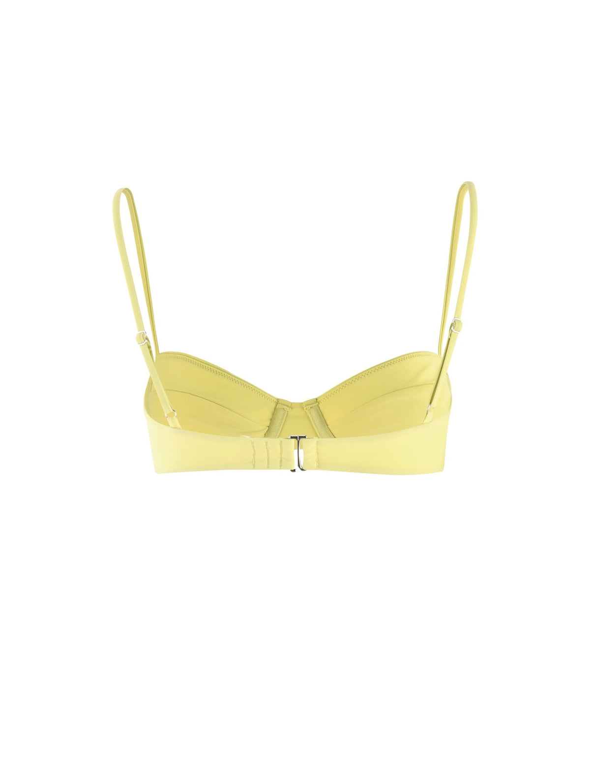 A TIGERMIST KHESSA BIKINI TOP in Lemon Yellow featuring adjustable straps and a hook-and-eye closure at the back. This bikini top boasts a simple, minimalist design and appears to be made of smooth, light material.