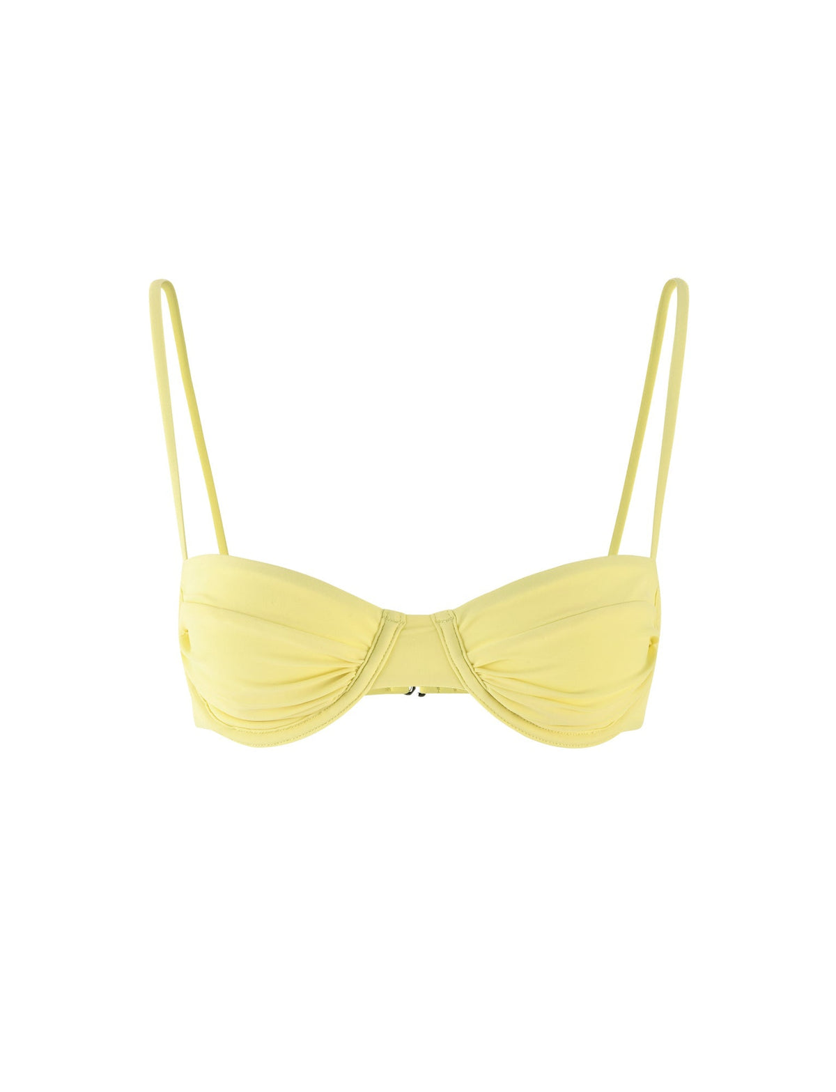 The KHESSA BIKINI TOP - YELLOW : LEMON by TIGERMIST is a light yellow, underwire bikini top featuring thin adjustable shoulder straps. The smooth fabric and minimalist design, highlighted by lightly ruched detailing at the bottom of the cups, embody TIGERMIST's signature style. The plain white background keeps the focus on this chic swimwear piece.