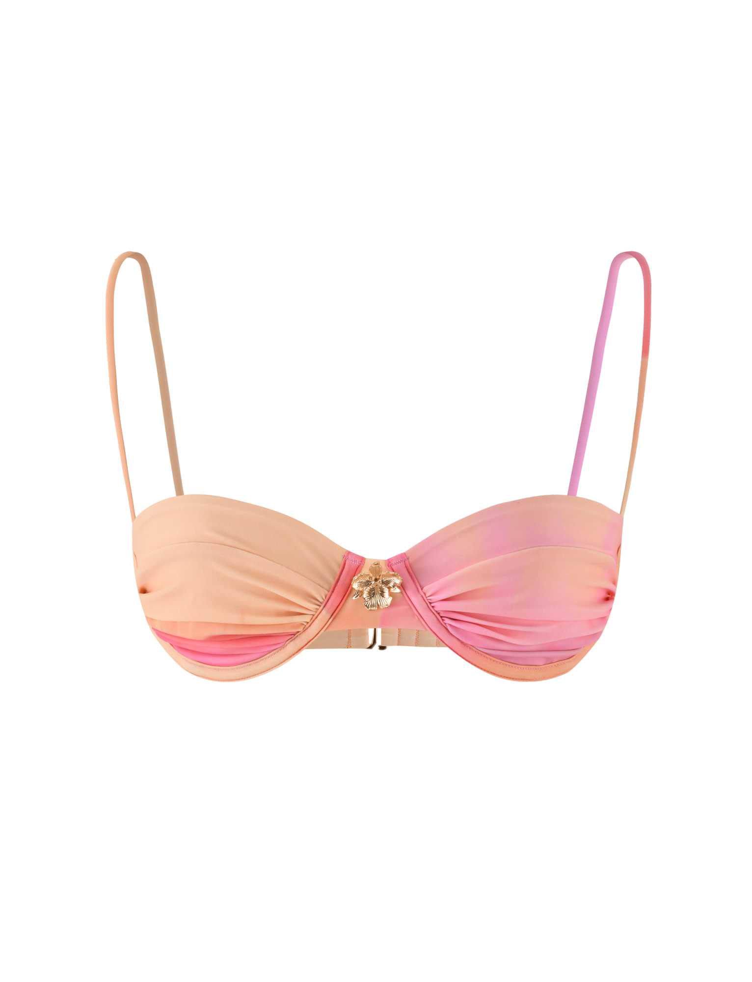 The TIGERMIST KHESSA BIKINI TOP - PINK HIBISCUS features adjustable straps, a pink and orange gradient design, and a gold metal flower detail at the center front.
