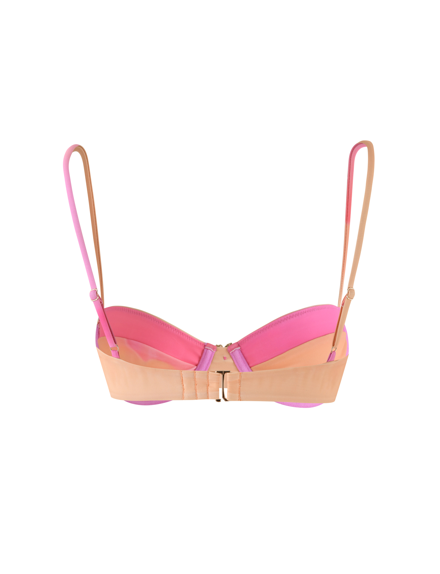 The KHESSA BIKINI TOP - PINK HIBISCUS by TIGERMIST features a back view with adjustable shoulder straps, a central back clasp, and a beige band that highlights the gradient pink and orange cups against a white background.