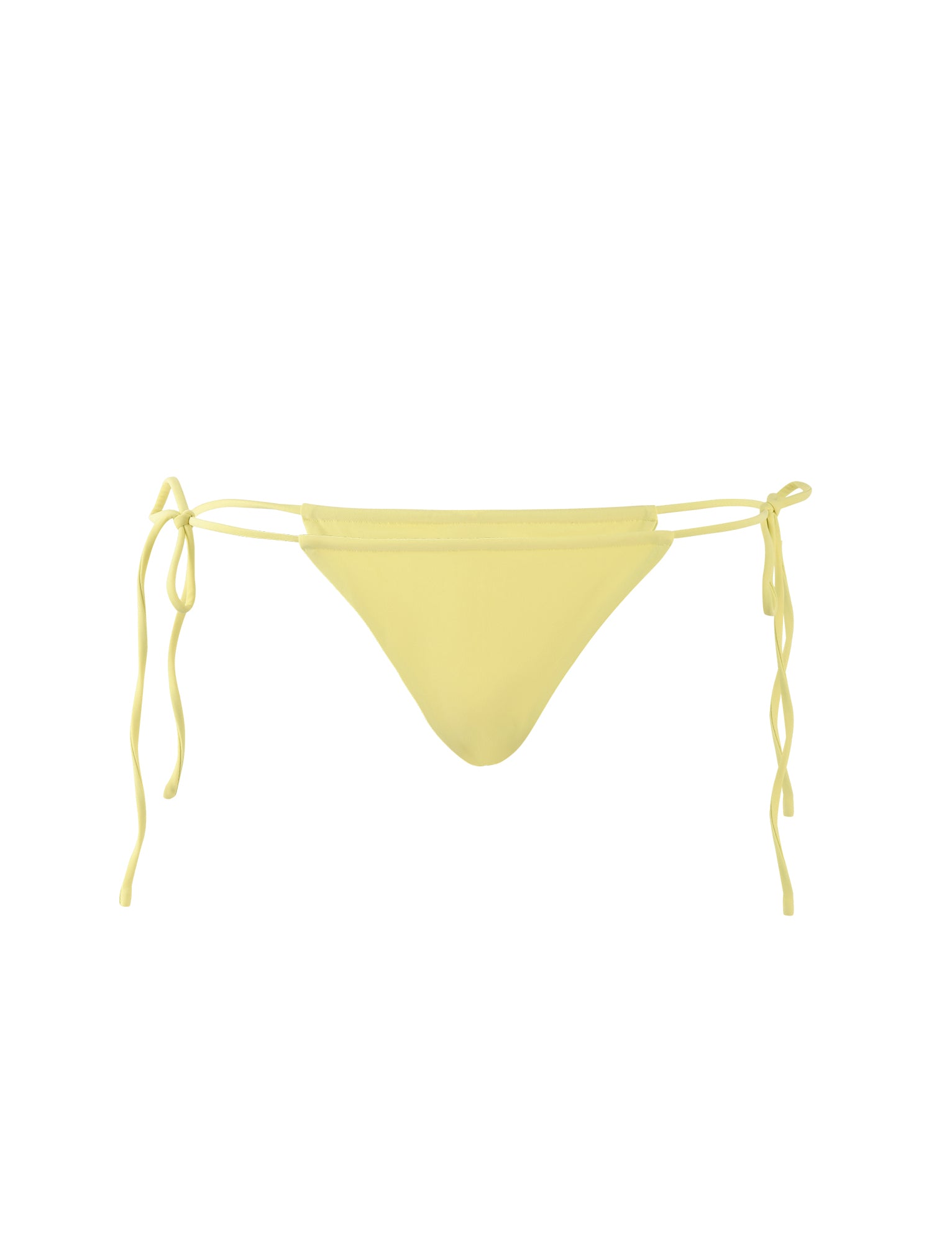 The KHESSA BIKINI BOTTOM - YELLOW : LEMON from TIGERMIST features tie strings on both sides and is showcased against a plain white background. This design is simple, with minimal coverage and a seamless finish.