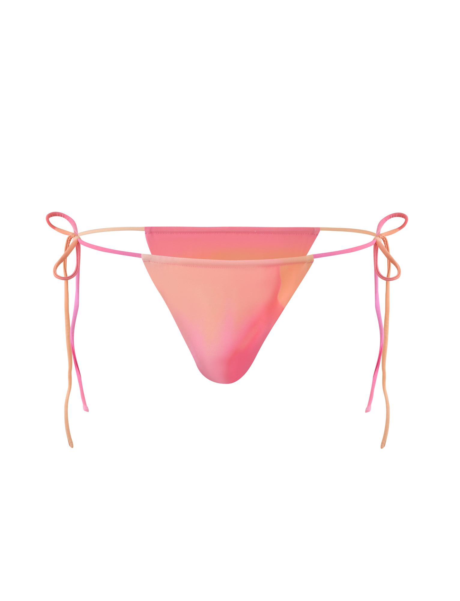 The TIGERMIST KHESSA BIKINI BOTTOM - PINK HIBISCUS features a pink and peach gradient, bodycon fit, and adjustable side ties, shown isolated on a white background.