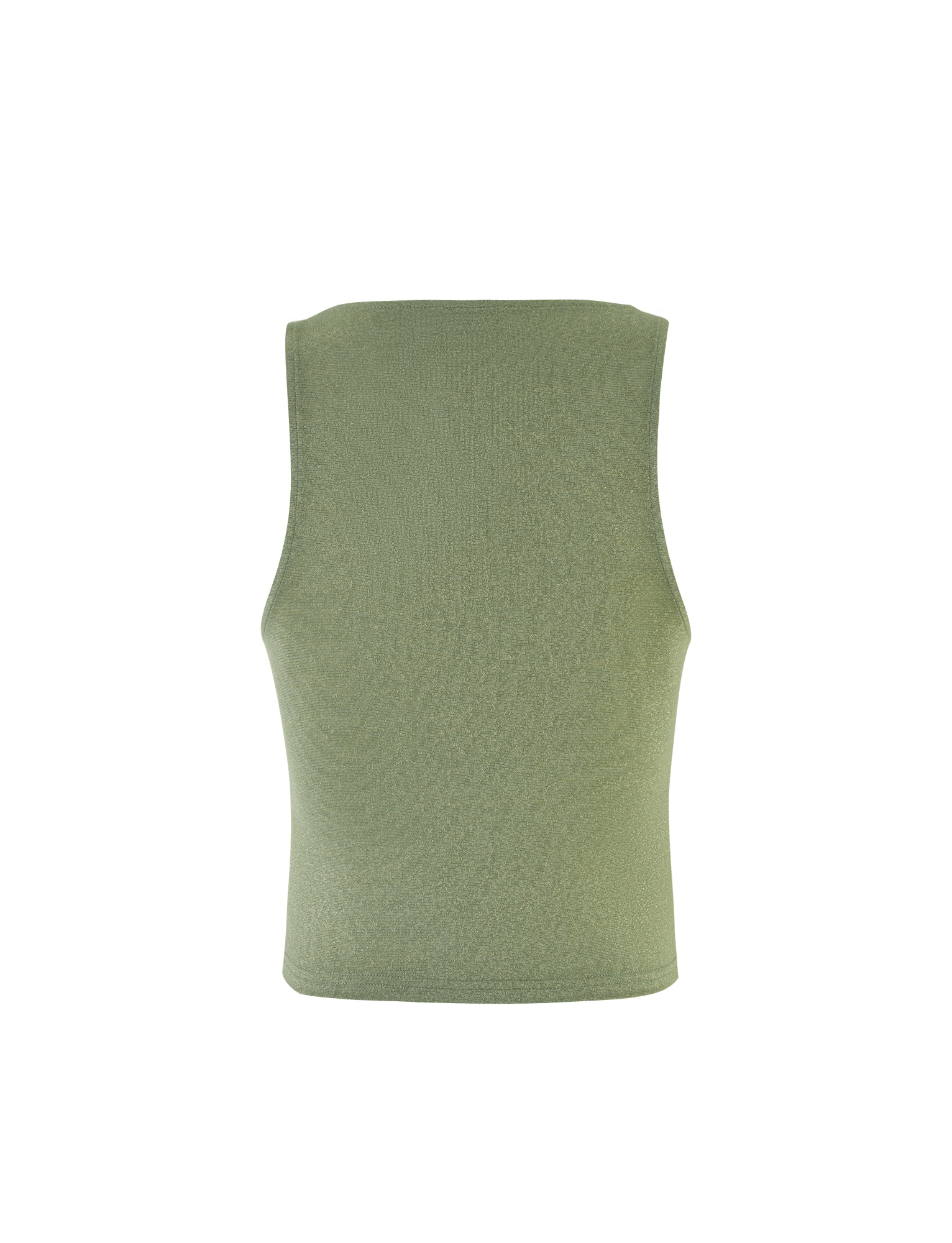 Image of the AMETHYST TOP - GREEN SPARKLE, a sleeveless, ribbed tank top by TIGERMIST. The photo showcases the back view of the top, highlighting its simple and seamless design. The fabric looks lightweight and stretchy.