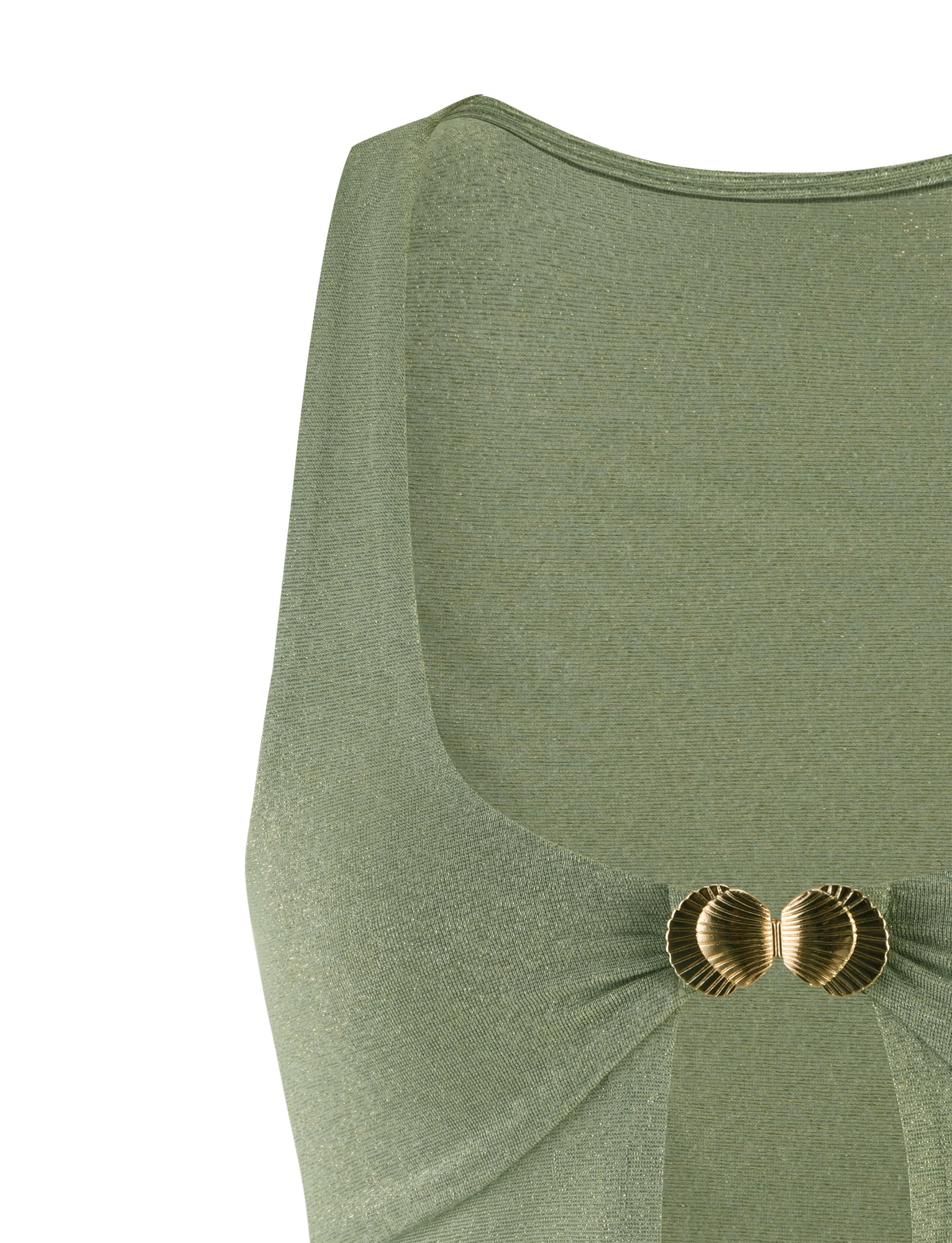 A close-up of the Amethyst Top in Green Sparkle from TigerMist, featuring a decorative gold clasp at the center of the chest area consisting of two shell-shaped pieces. The fabric appears to be soft and slightly shimmery.