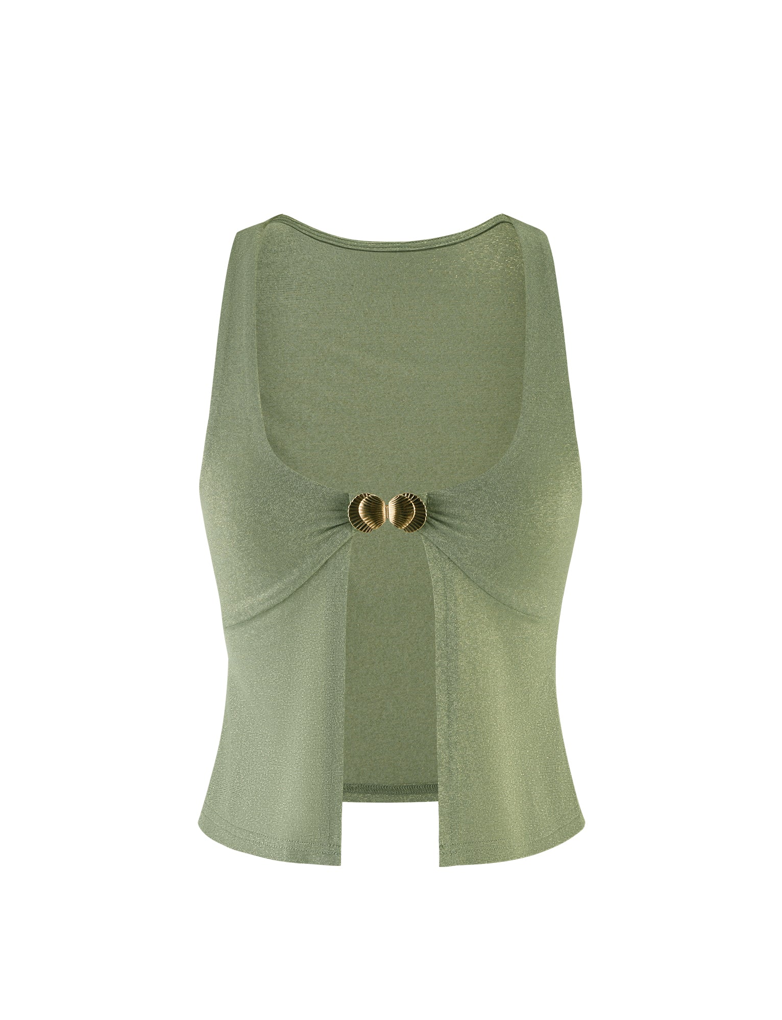 The Amethyst Top - Green by TigerMist is a sleeveless green crop top with a scoop neckline, featuring two gold rings at the center front that gather the fabric, creating a small keyhole cutout below. The top has a slightly shiny texture and is labeled as "Green Sparkle.