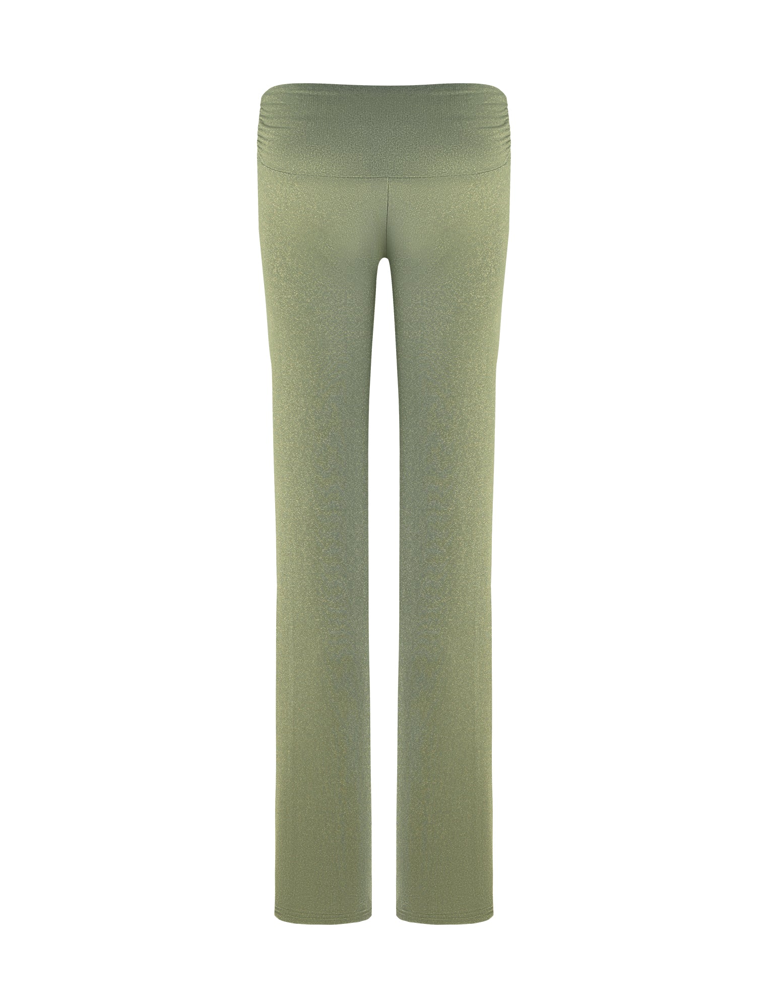 A pair of green sparkle Amethyst pants from TIGERMIST shown from the back. The pants feature a high waistband with subtle ruching detail and a straight leg cut. The fabric appears to be stretchy and comfortable, designed for active wear or casual use.