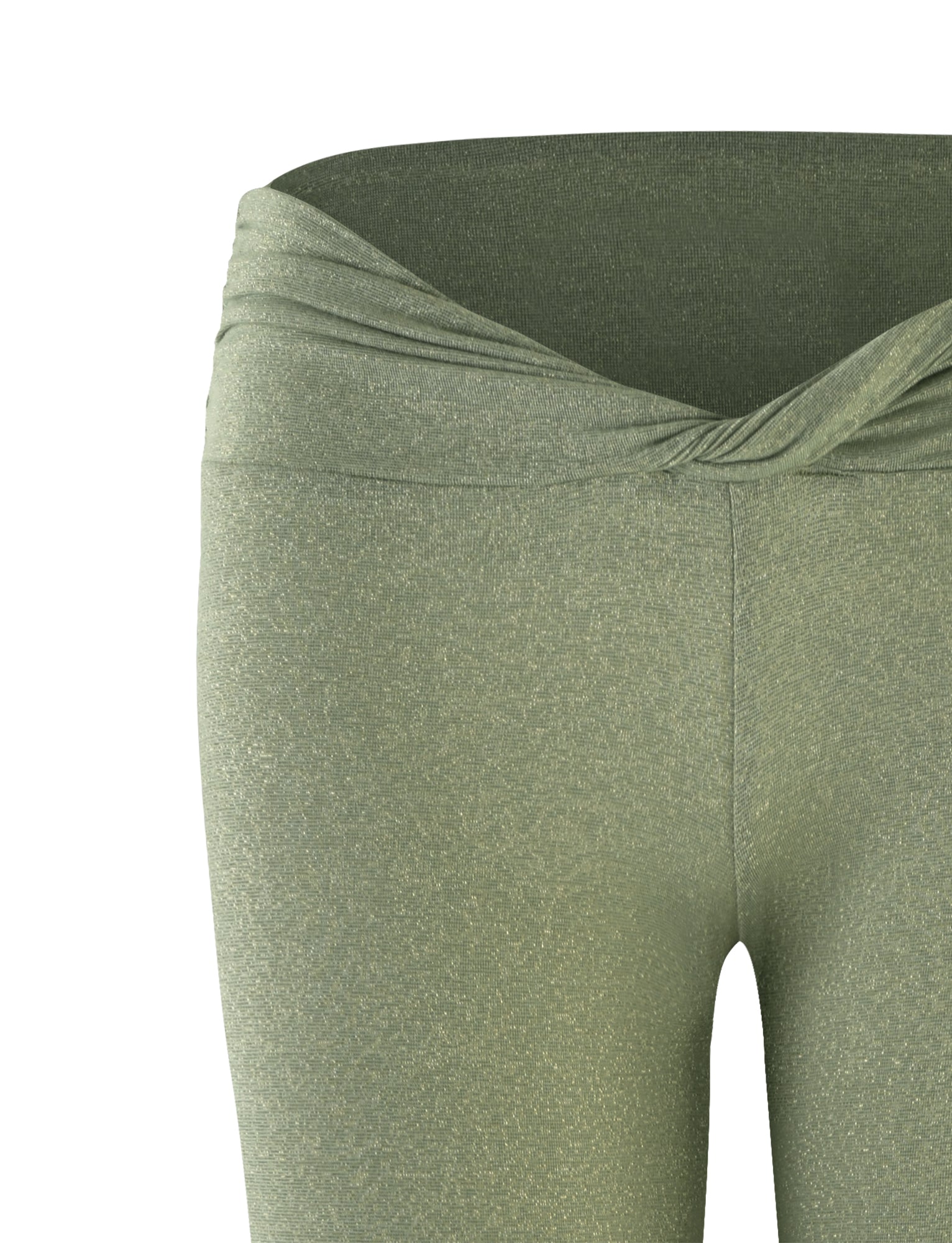 Close-up of the AMETHYST PANT - GREEN : GREEN SPARKLE by TIGERMIST, showcasing its green, textured fabric. The waistband features a unique twist knot design at the front, adding a stylish detail. The leggings have a snug, comfortable fit. The background is white and plain.