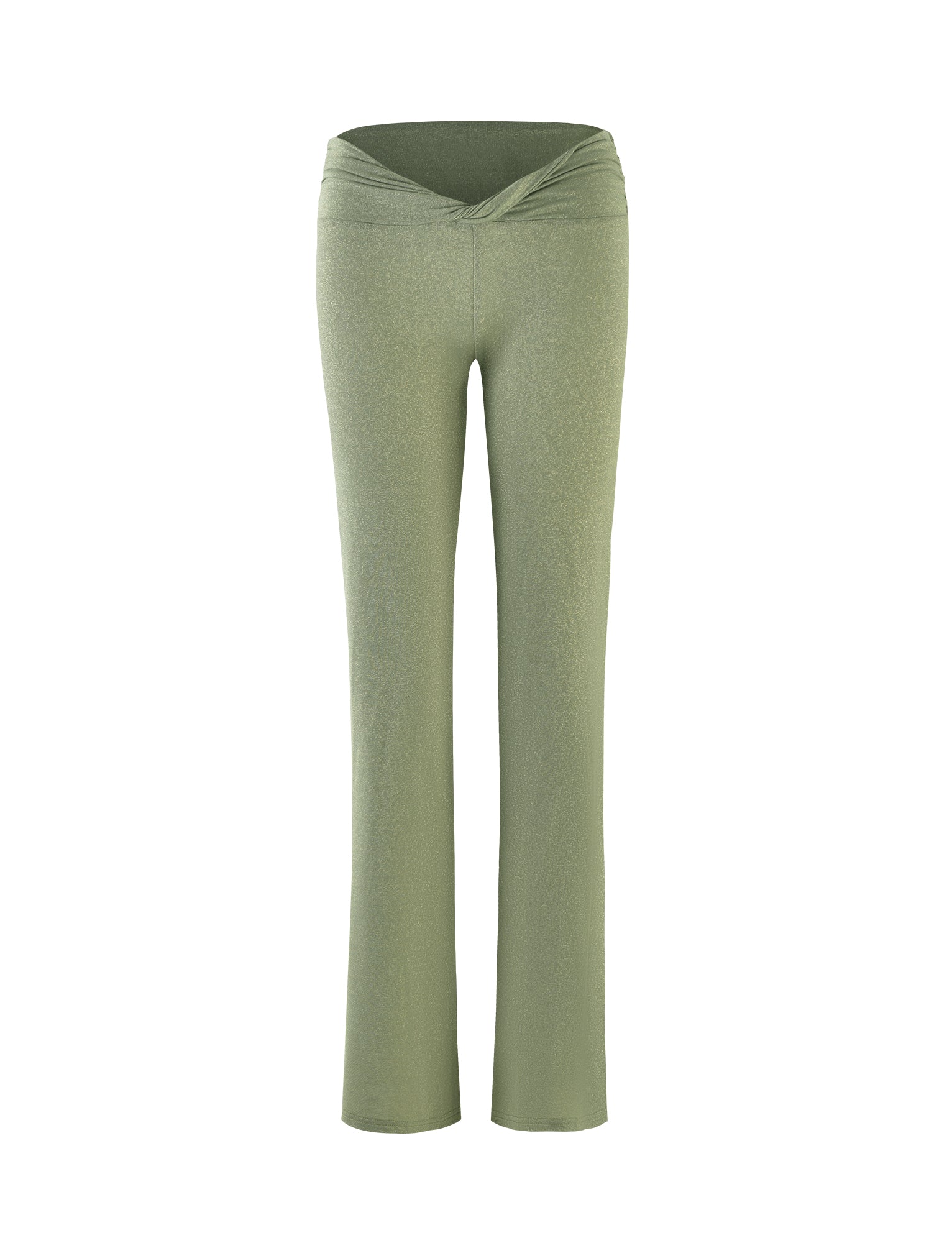 Introducing the AMETHYST PANT - GREEN from TIGERMIST: stylish olive green and high-waisted yoga pants featuring a twisted knot detail at the waistband and a smooth, fitted design. These full-length pants are crafted from soft, stretchy fabric, making them perfect for both exercise and casual wear.