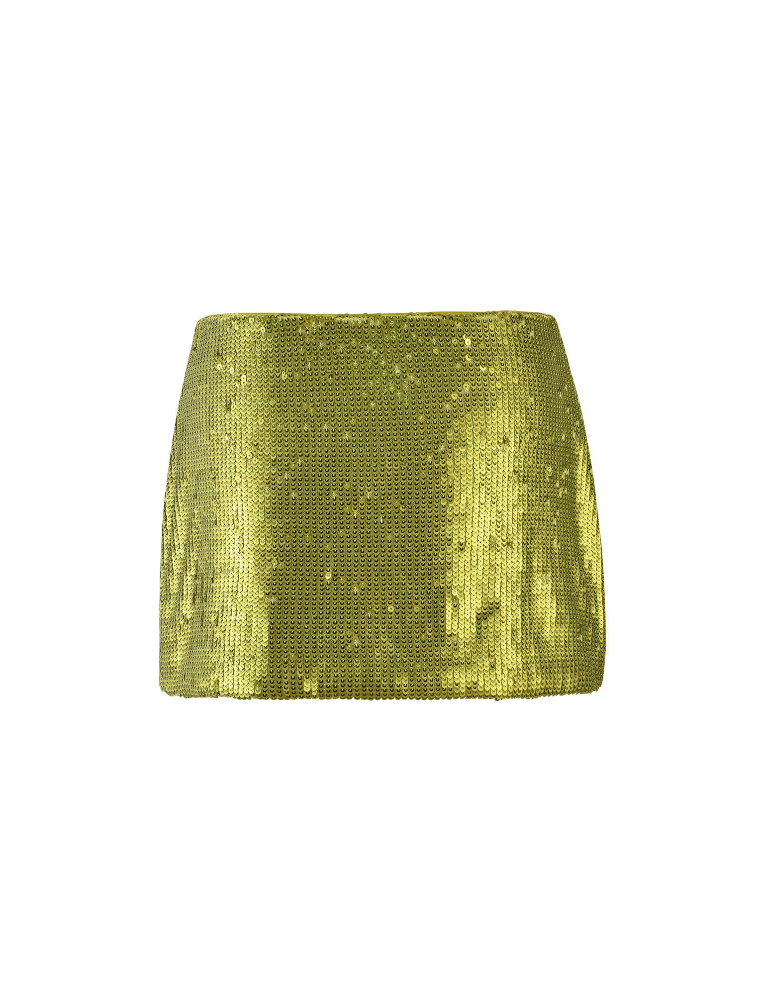 A Kaye Skirt - Green from TIGERMIST, displayed on a plain white background. The green sequin mini skirt has a straight cut with a smooth and shiny appearance, showcasing its vibrant color and sparkly texture.