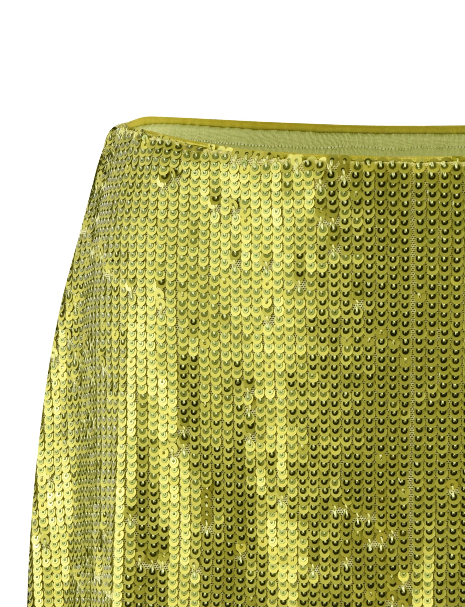 A close-up image of a green sequin fabric from TigerMist's Kaye Skirt. The sequins create a shimmering effect, reflecting light and showcasing a textured, shiny surface. The fabric appears to be part of the Kaye Skirt garment.