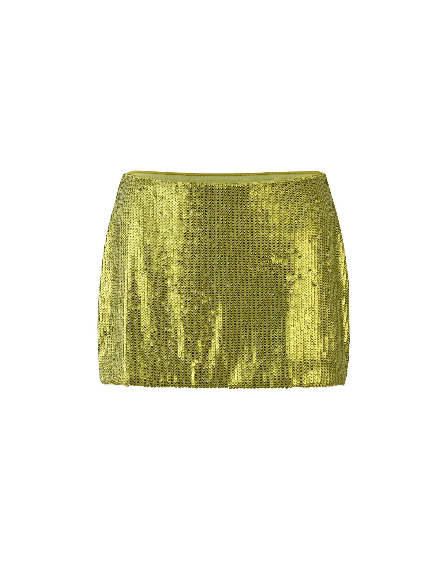 A dazzling green sequin mini skirt from TIGERMIST, known as the KAYE SKIRT - GREEN : GREEN SEQUIN, featuring a textured and reflective surface. The skirt is displayed on a white background and ends above the knee. It boasts a fitted design with no visible patterns or embellishments other than the sequins.