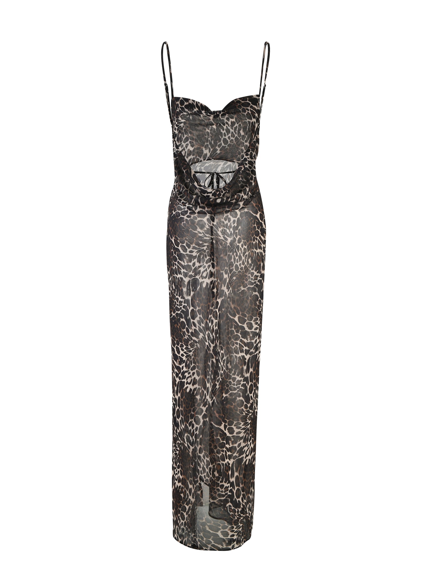 The TYNE DRESS - MULTI : LEOPARD by TIGERMIST is a sheer black dress that showcases a Leopard Print design. It features thin shoulder straps, a sweetheart neckline, and a cut-out detail at the waist. The dress also has a long, flowing skirt that extends to the floor.