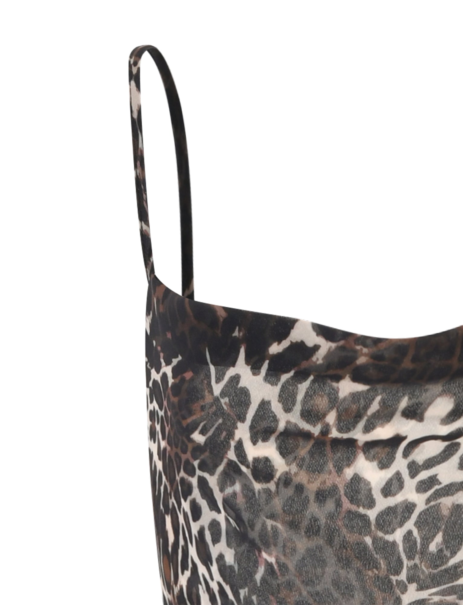 The image showcases a detailed view of the TYNE DRESS in MULTI: LEOPARD from TIGERMIST. This sleeveless garment features thin straps and is adorned with a pattern reminiscent of leopard spots, with the top part of the dress prominently visible.
