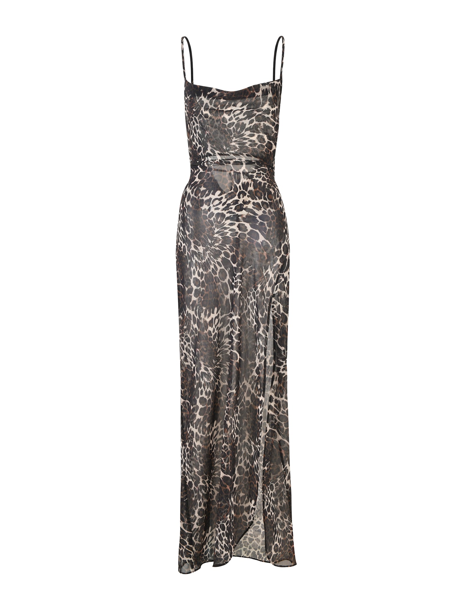 The TYNE DRESS - MULTI : LEOPARD by TIGERMIST is a sleeveless, floor-length dress featuring thin straps and a leopard print pattern. This stylish piece offers a form-fitting bodice with slight draping and a subtle flare towards the hem, showcased in various shades of brown and black.