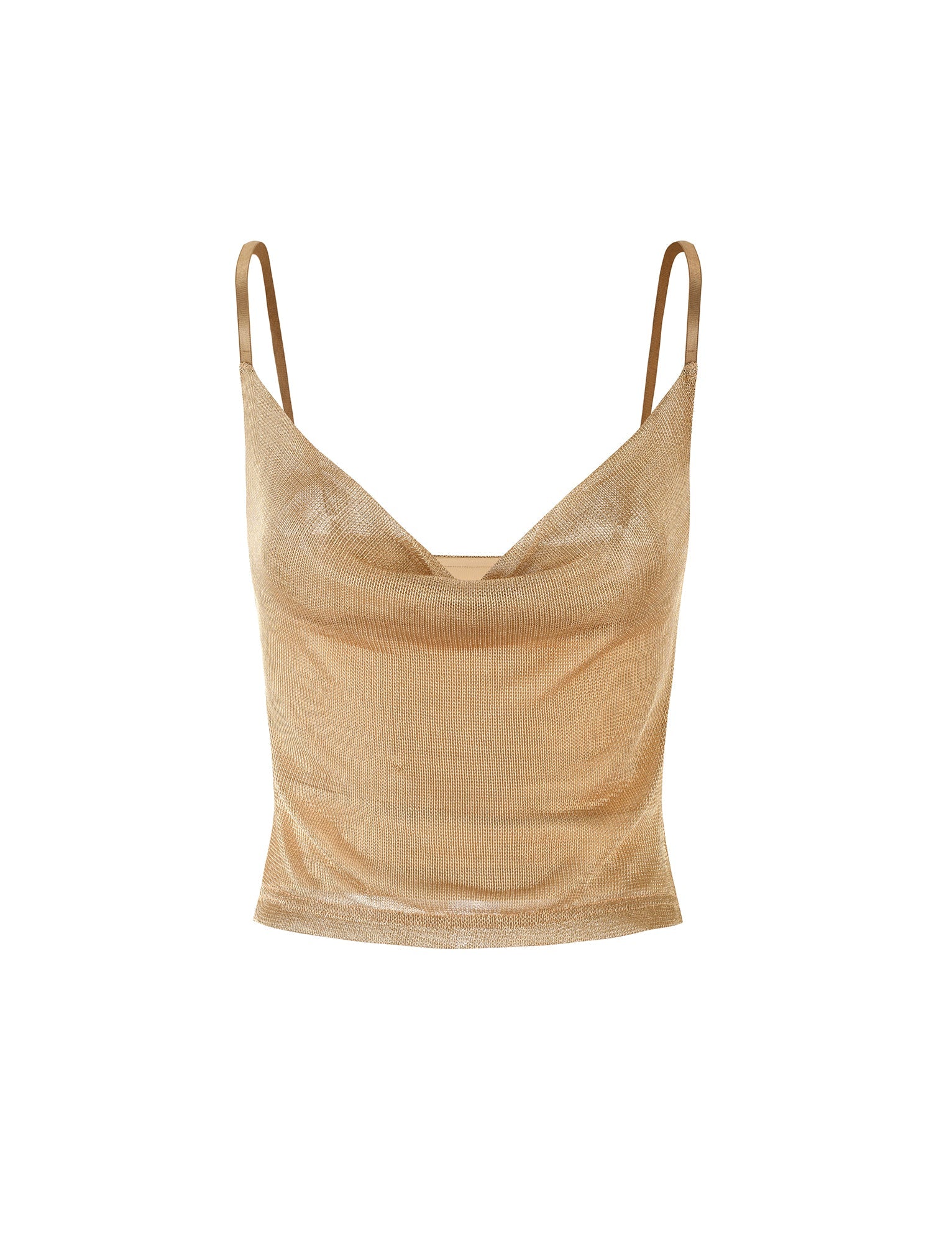 Introducing the WYNNE TOP - GOLD from TIGERMIST, a dazzling gold shimmer tank top featuring thin spaghetti straps, a V-neckline, and a fitted silhouette. The lightweight fabric boasts a slight texture that lends it a subtle sheen.