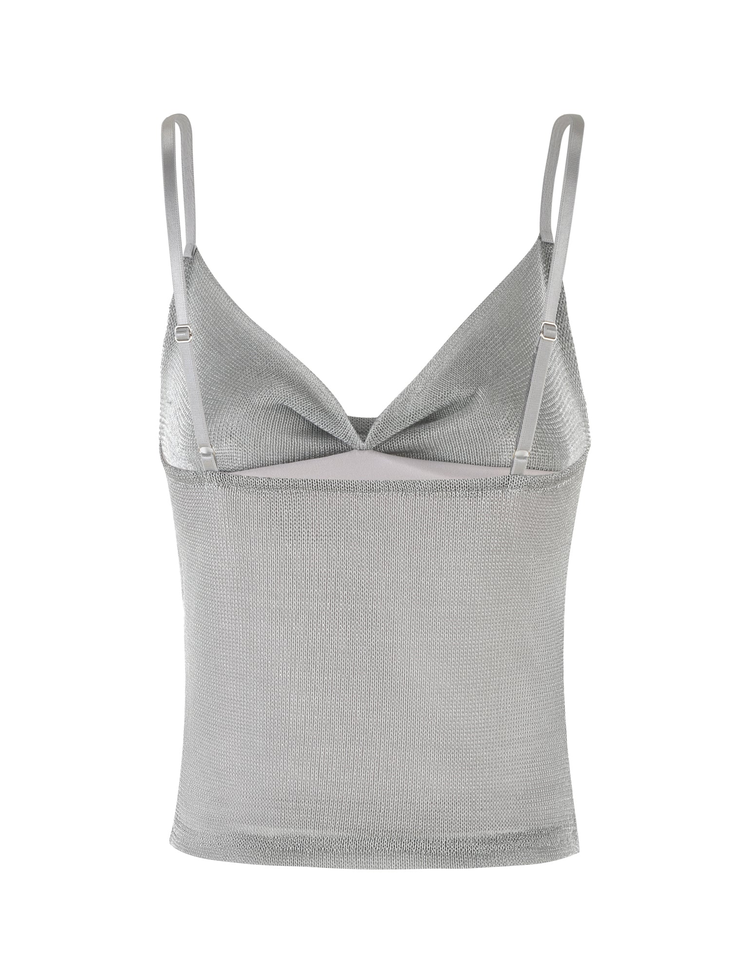 The WYNNE TOP - GREY : SILVER from TIGERMIST is a gray sleeveless camisole featuring thin adjustable shoulder straps and a V-shaped neckline. The lightweight fabric has a slightly textured surface, while the straight bottom hem and fitted silhouette enhance your figure, offering a simple yet elegant design.