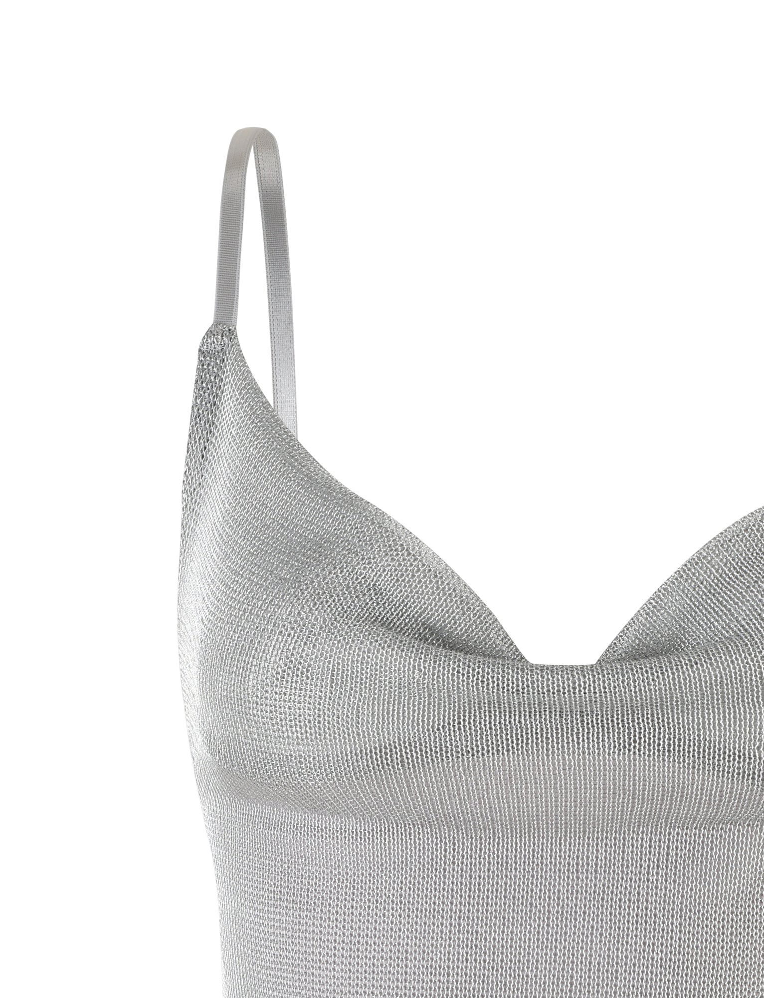 A close-up of the WYNNE TOP - GREY : SILVER by TIGERMIST showcases its shimmering, textured metallic silver fabric. The spaghetti strap top features a cowl neckline and adjustable shoulder straps. The angle highlights the upper portion of the garment against a plain white background.