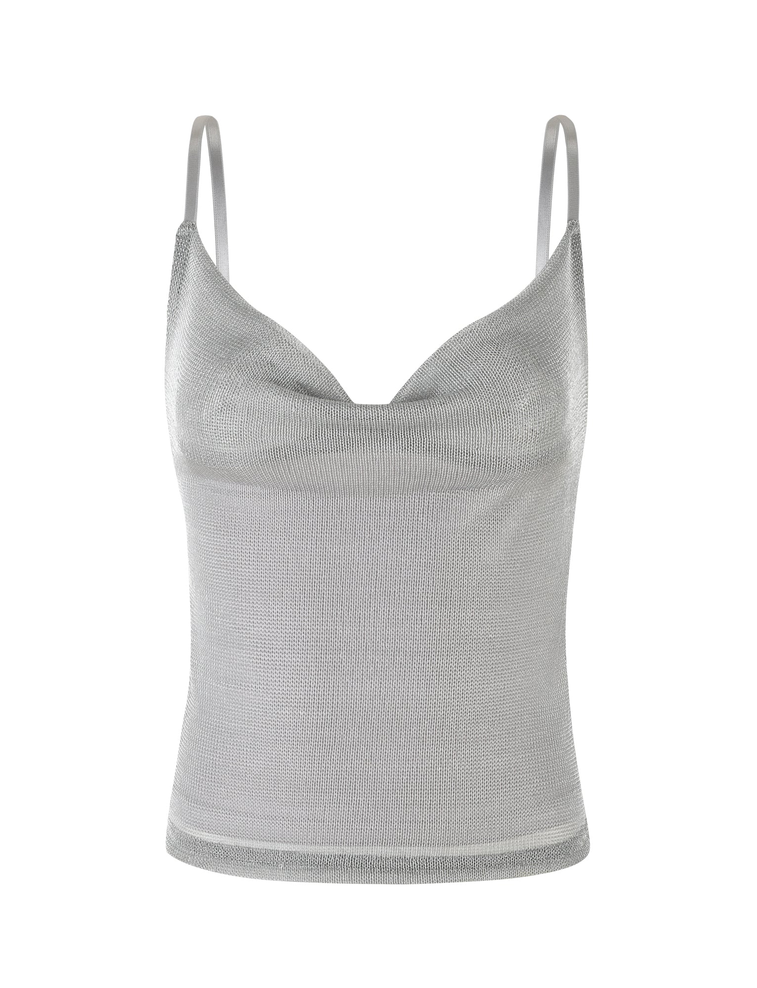 The TIGERMIST WYNNE TOP in Grey Silver is displayed against a plain white background. This metallic knit spaghetti-strap crop top features a slightly loose fit with a subtle draped neckline, offering a chic and stylish look. Adjustable shoulder straps add comfort and customization to the elegance of the piece.