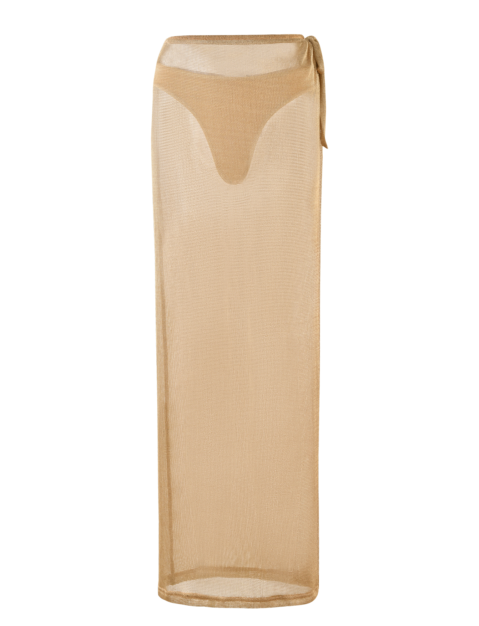 The TIGERMIST WYNNE SKIRT - GOLD is a sheer, gold mesh low-rise maxi skirt with a side waist tie, shown on a white background.