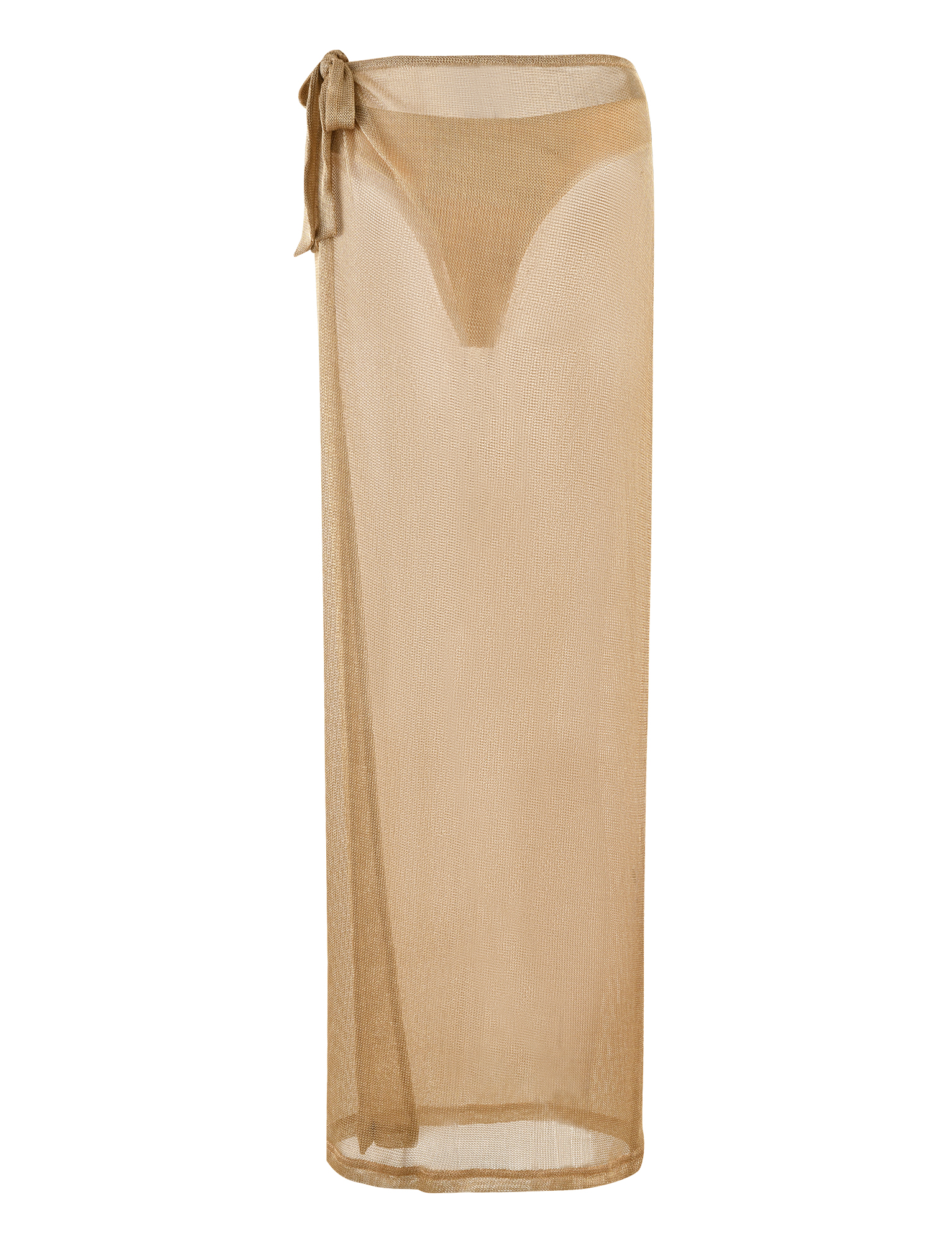 Wrap this sheer, light brown mesh sarong with a side waist tie over the TIGERMIST WYNNE SKIRT in gold for an effortlessly chic, layered look.