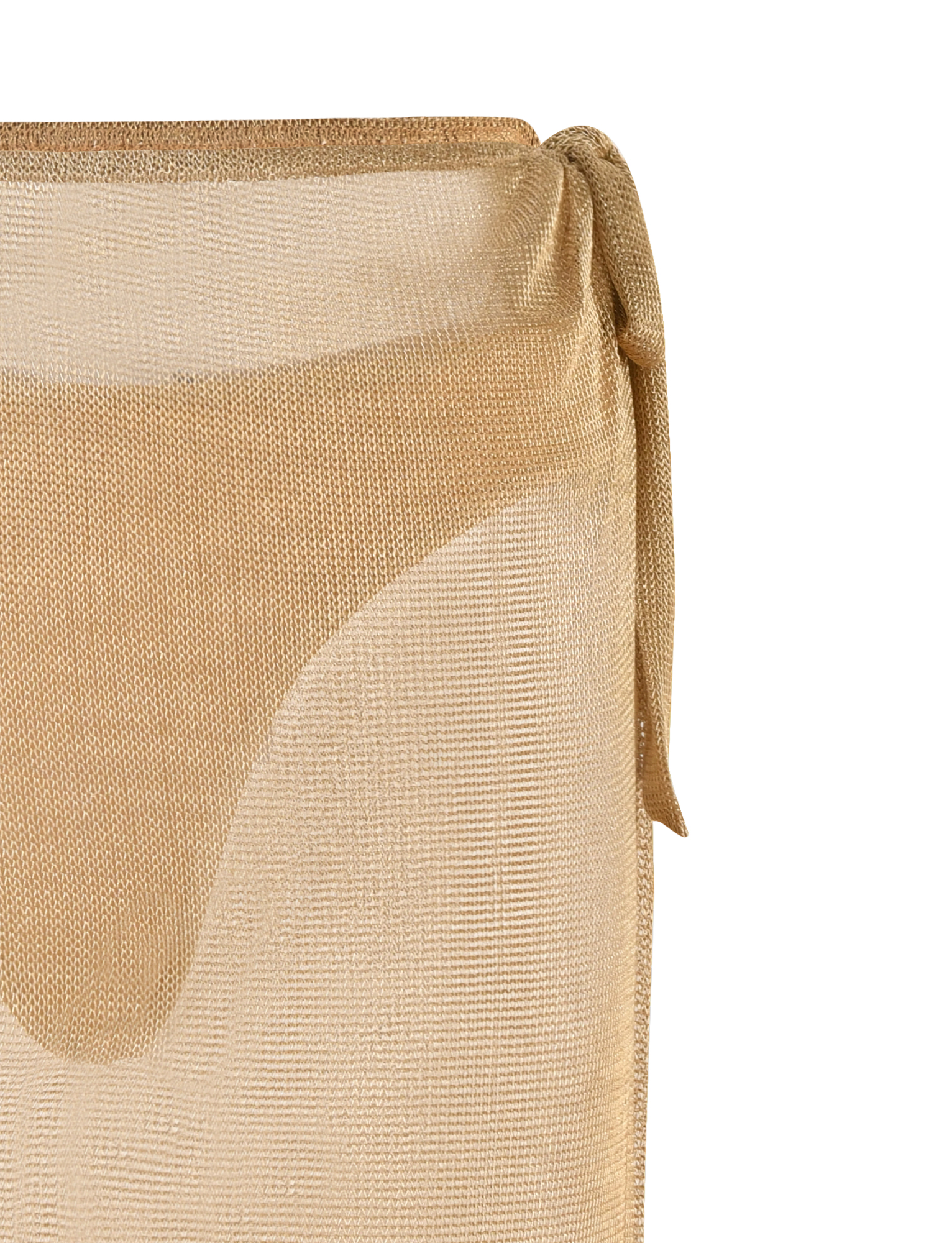 A close-up of the TIGERMIST WYNNE SKIRT in gold, a beige semi-sheer mesh wrap with a low-rise waist, side tie, and matching underwear visible beneath. The lightweight, subtly shimmering fabric creates an effortlessly chic look.