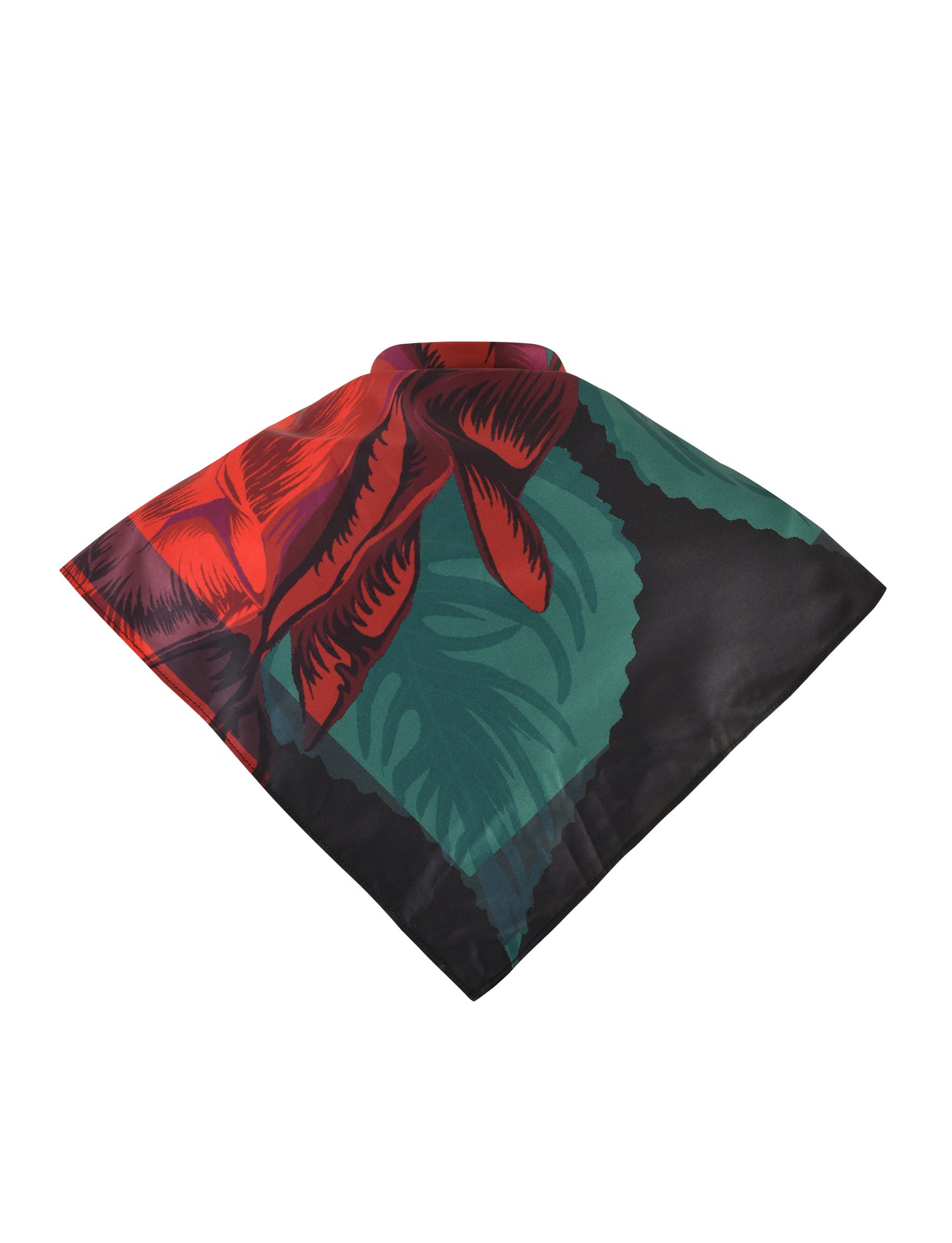 The JOZIE SCARF - BLACK : MACRO ROSE- RED ROSE from TIGERMIST is a square silk scarf showcasing a bold and vibrant floral pattern. It features large red and dark green rose petals against a black background, making the red petals stand out prominently. The scarf is neatly folded in the image.