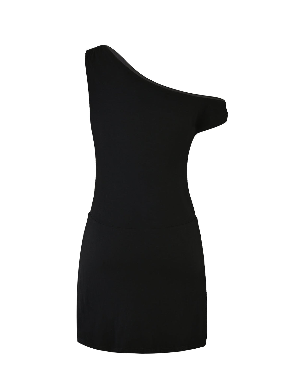The KADENCE DRESS - BLACK by TIGERMIST is a one-shoulder bodycon dress featuring an asymmetrical neckline and a fitted silhouette. It has a single shoulder strap on one side, with the other side sleeveless. A high split adds a touch of allure, and the hemline falls above the knee.