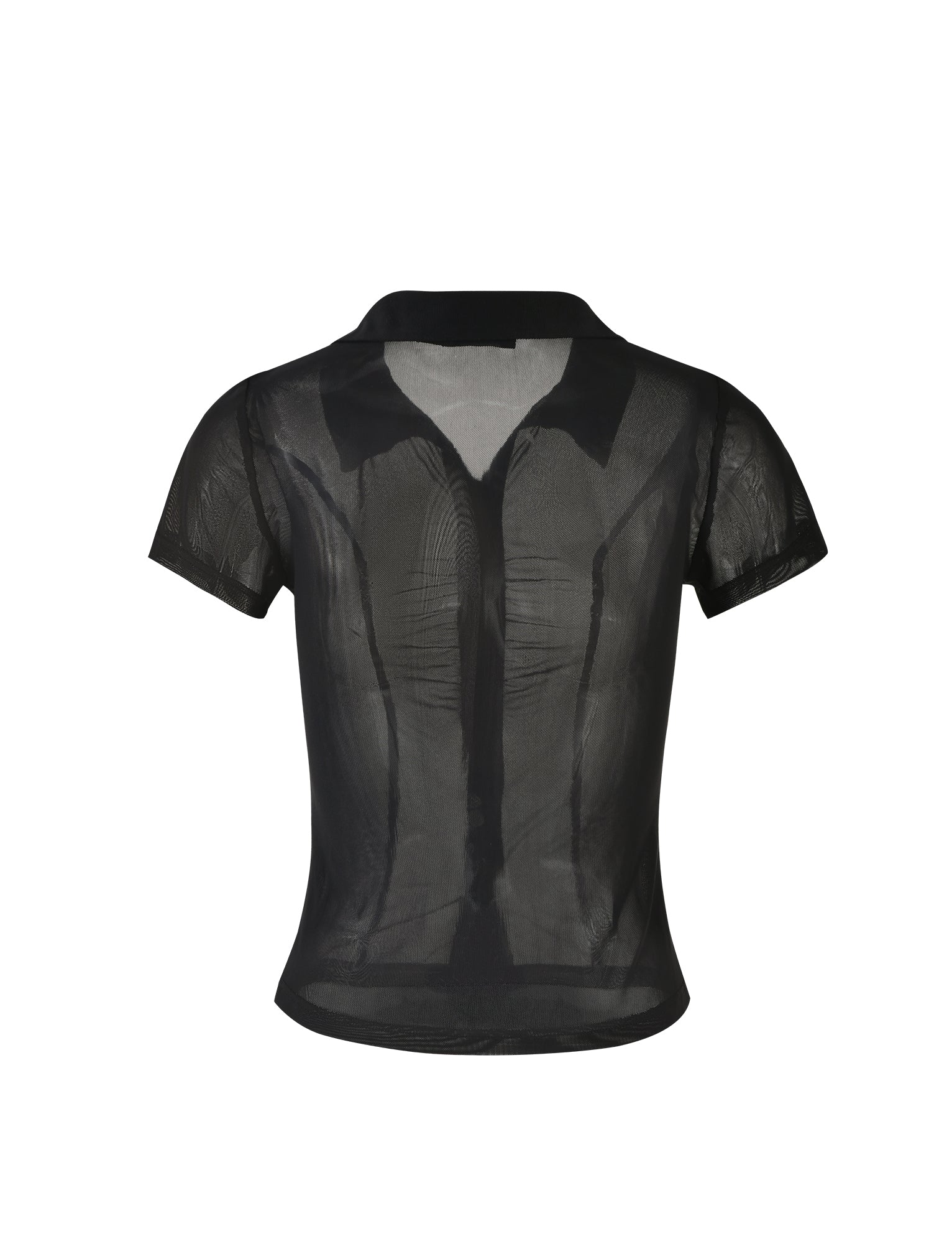 The AHLING TOP - BLACK from TIGERMIST is displayed against a white background. This black short-sleeved sheer blouse features a button-down front and a classic collar, with the transparency of the fabric revealing the silhouette of the mannequin underneath.