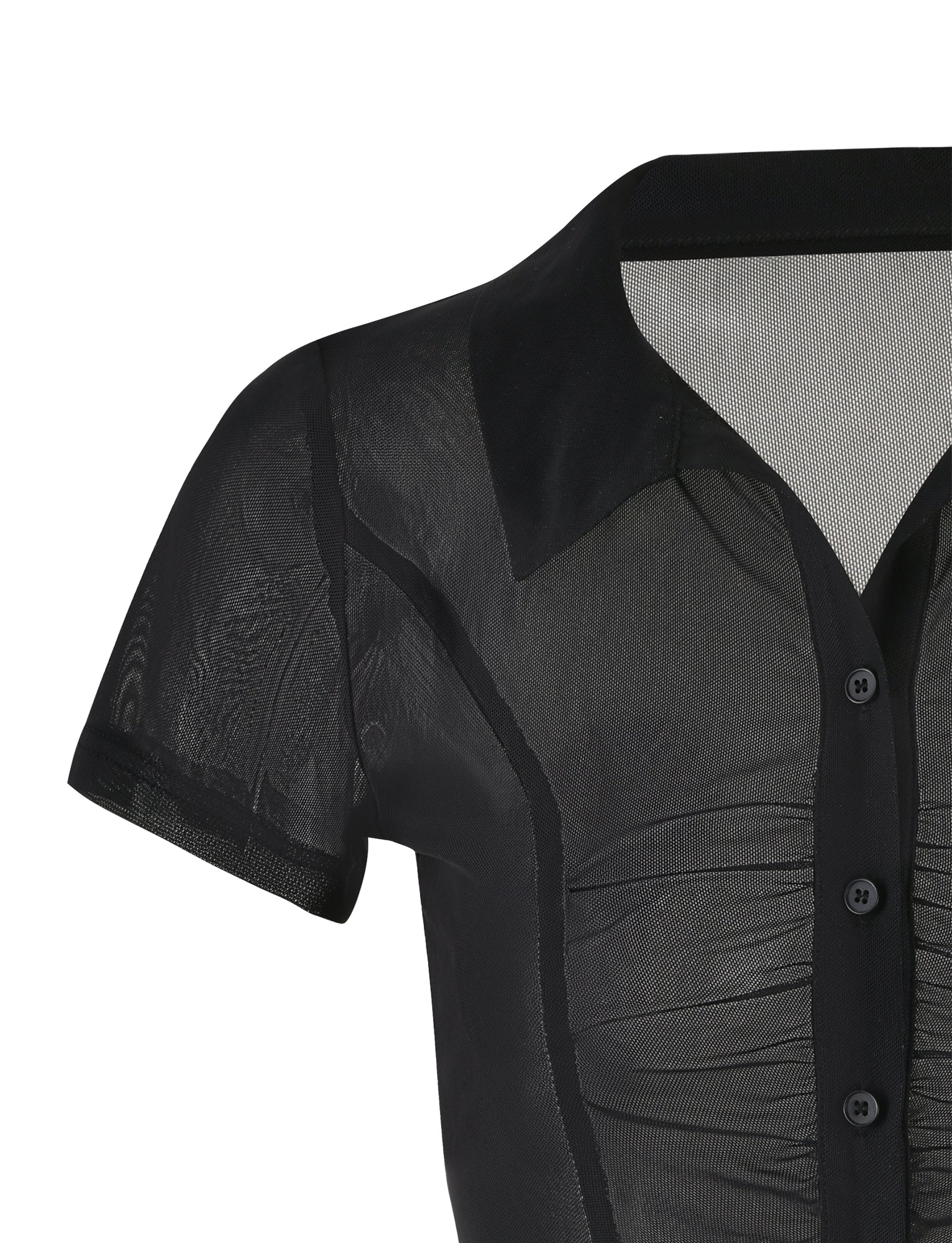 Close-up of the sheer black AHLING TOP by TIGERMIST featuring short sleeves, a collar, and buttons down the front. The top has a textured pattern with fitted seams and a mesh-like material, giving it a sophisticated and modern appearance.