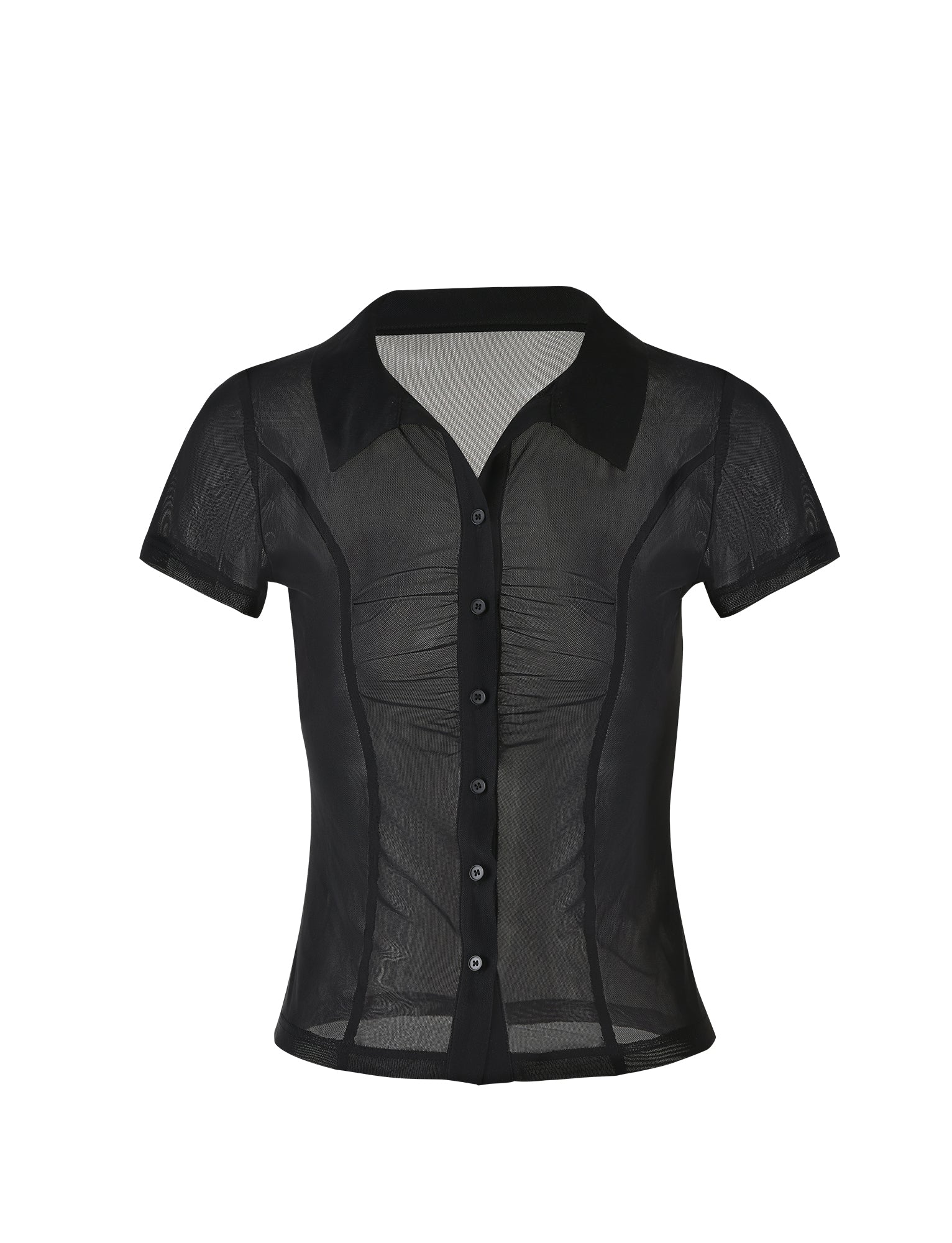 The AHLING TOP - BLACK from TIGERMIST is a sheer, black, short-sleeved blouse featuring a button-up front and pointed collar. This transparent fabric offers a delicate and lightweight texture, while the form-fitting design includes subtle ruching along the bodice.