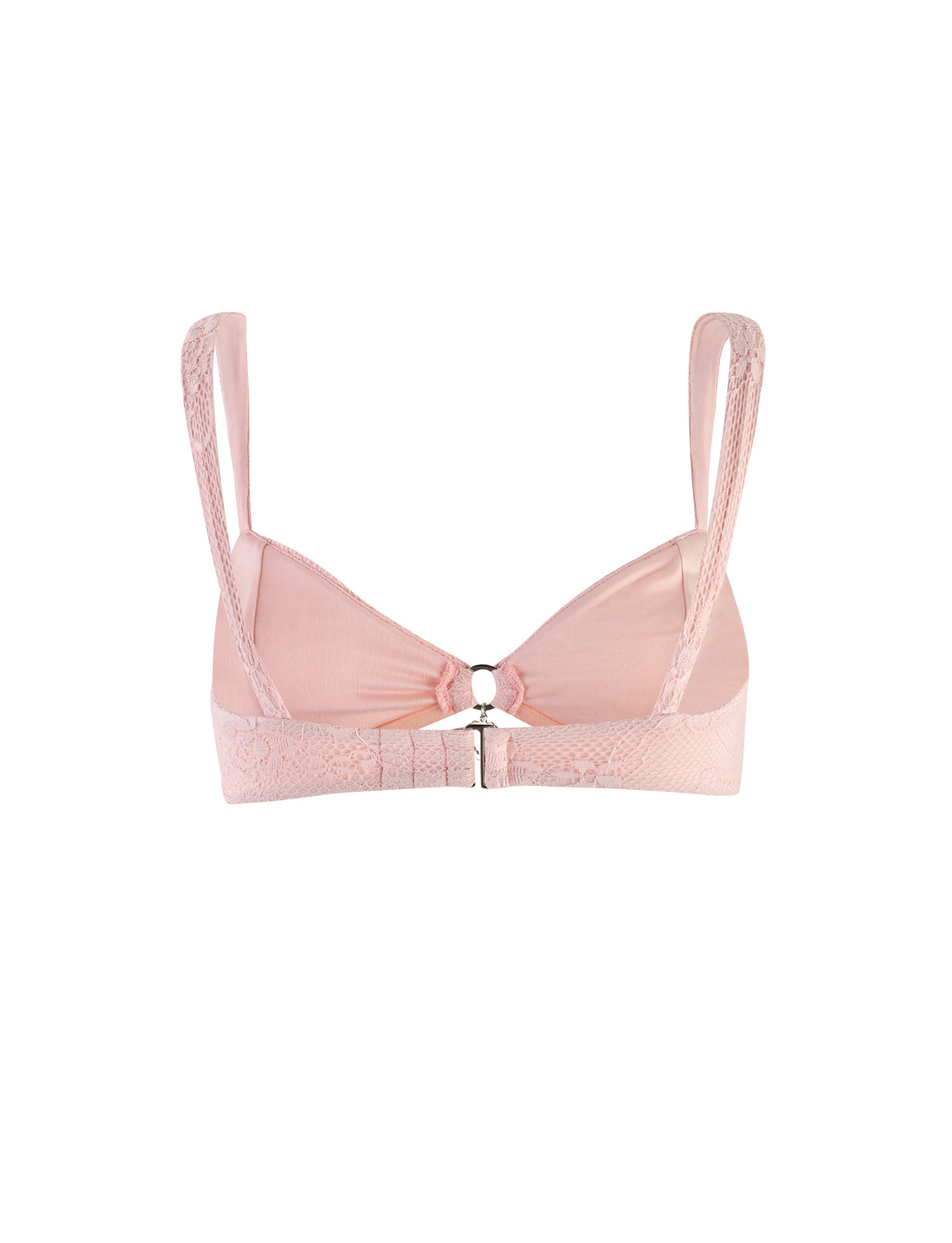 The XADIE TOP by TIGERMIST in pastel pink boasts a feminine and delicate design. This pale pink bra features lace trim on the straps and side panels, a front clasp closure, and a keyhole cutout in the center. The smooth fabric is complemented by intricate lace details, creating an elegant look.