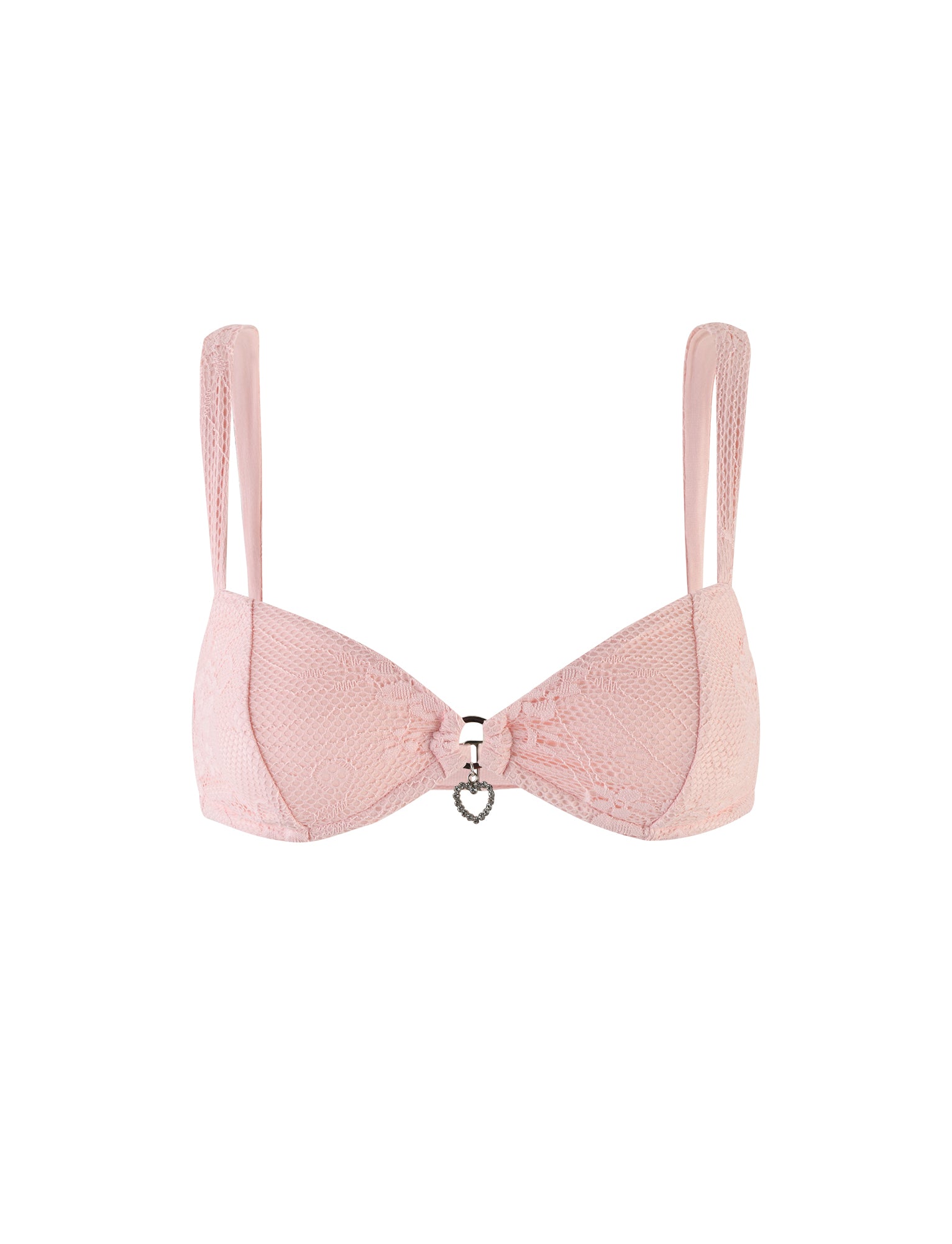 A pastel pink lace Xadie Top by TigerMist with adjustable straps and a heart-shaped charm at the front center. The delicate and feminine design showcases intricate lace detailing on both the cups and straps, epitomizing TigerMist's elegant craftsmanship.