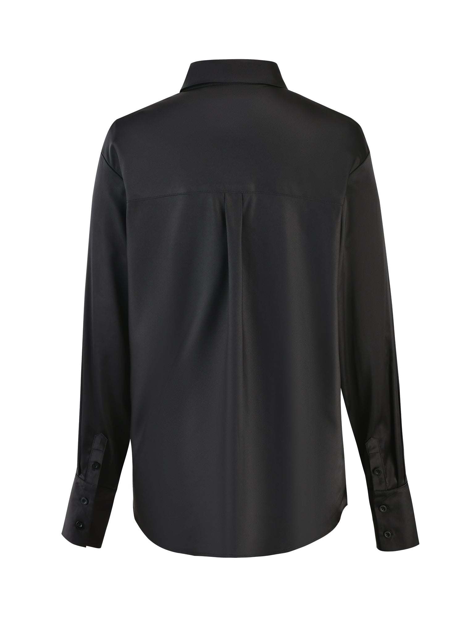 The image showcases the back view of the ALINA SHIRT - BLACK from TIGERMIST. This long-sleeved black shirt features a classic collar, button cuffs, and a back yoke with a pleat for added comfort and style. The fabric has a smooth, slightly shiny texture.