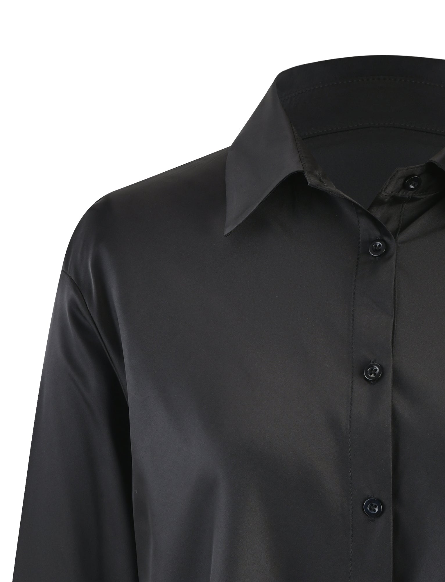 Close-up of the ALINA SHIRT - BLACK from TIGERMIST, focusing on the upper half. The shirt features a classic collar and is crafted from a smooth, slightly shiny fabric. Four black buttons are visible from the chest to the collar. The sleeve on the left side is partially shown.