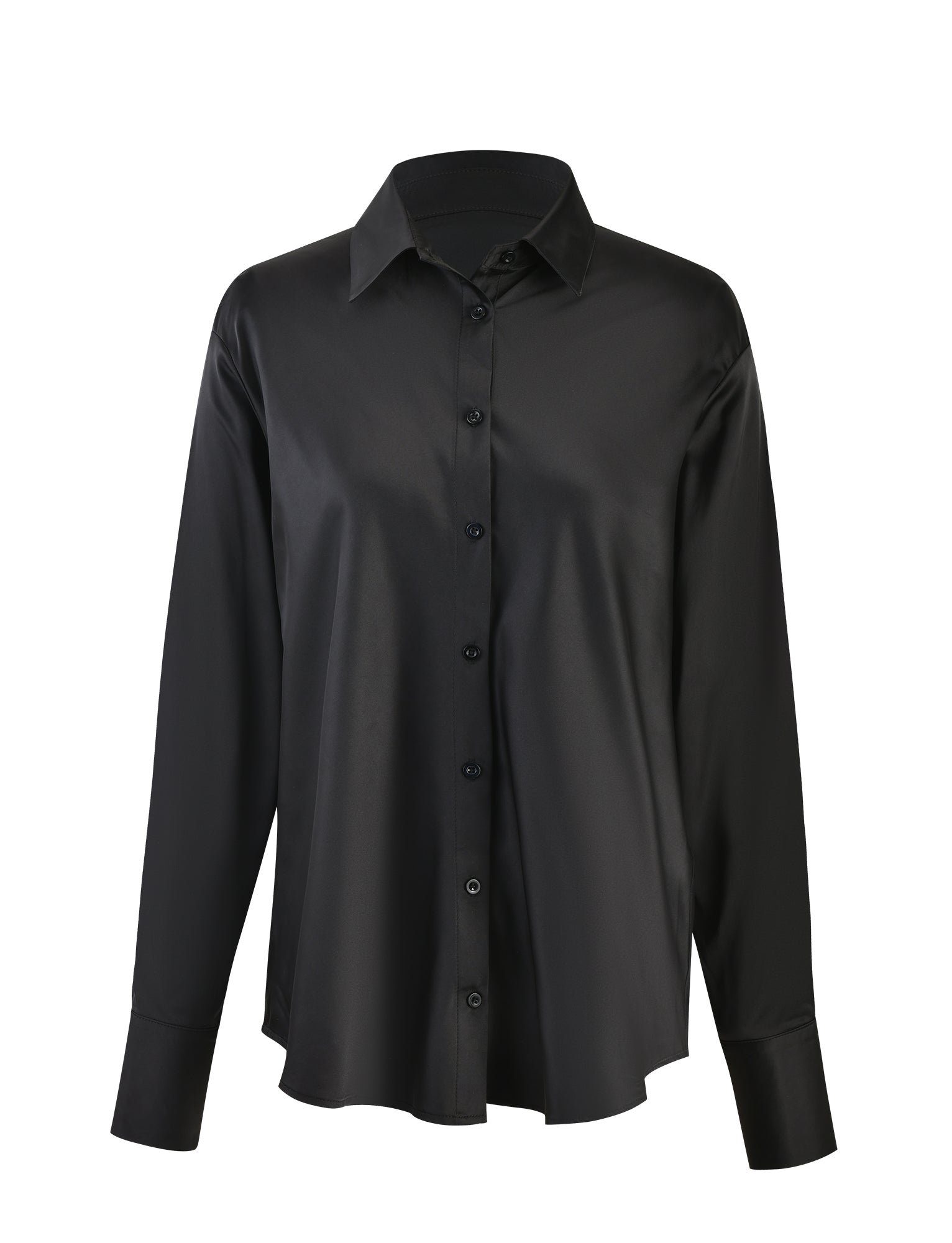 The ALINA SHIRT - BLACK from TIGERMIST is a black, long-sleeved button-up shirt crafted from smooth, shiny fabric. This shirt boasts a classic collar, single cuffs, and a straight hem, offering a simple and elegant design ideal for both formal and casual occasions.
