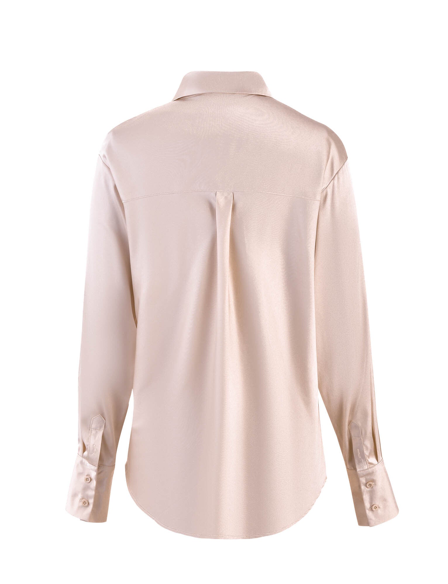 The ALINA SHIRT in white ivory from TIGERMIST is showcased from the back. This long-sleeved, button-up shirt features a central pleat and buttoned cuffs on both sleeves. The fabric looks smooth and slightly shiny.