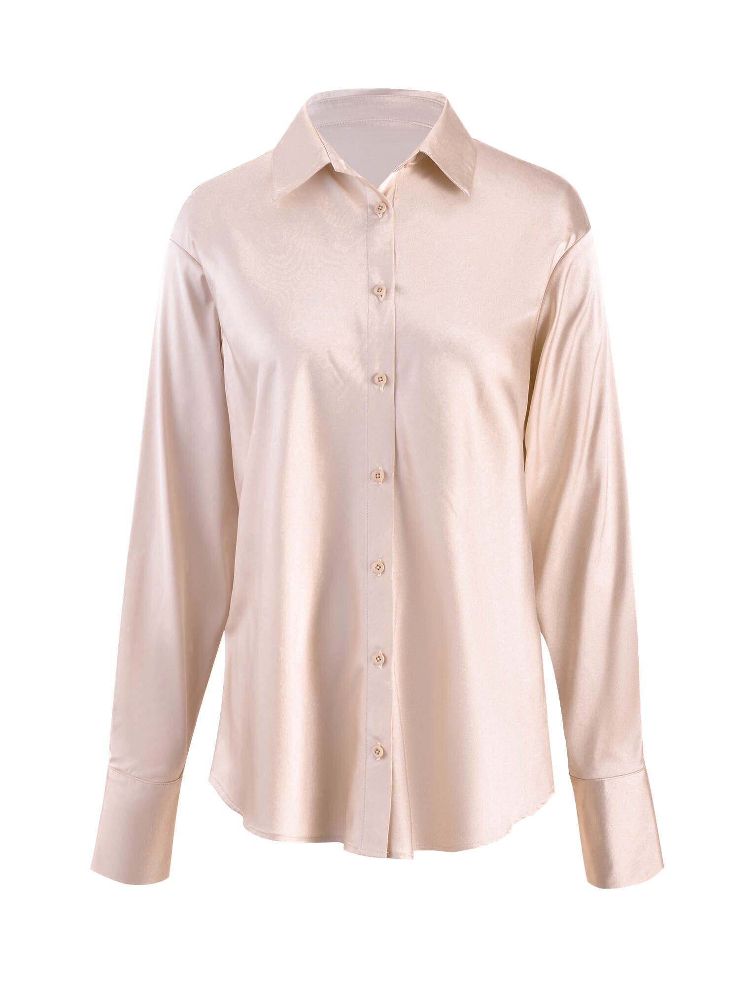 A white ivory long-sleeve silk shirt from TIGERMIST, named the ALINA SHIRT - WHITE : IVORY, with a classic collar and button-down front, displayed on a white background. The shirt boasts a smooth, glossy finish and features wide cuffs.