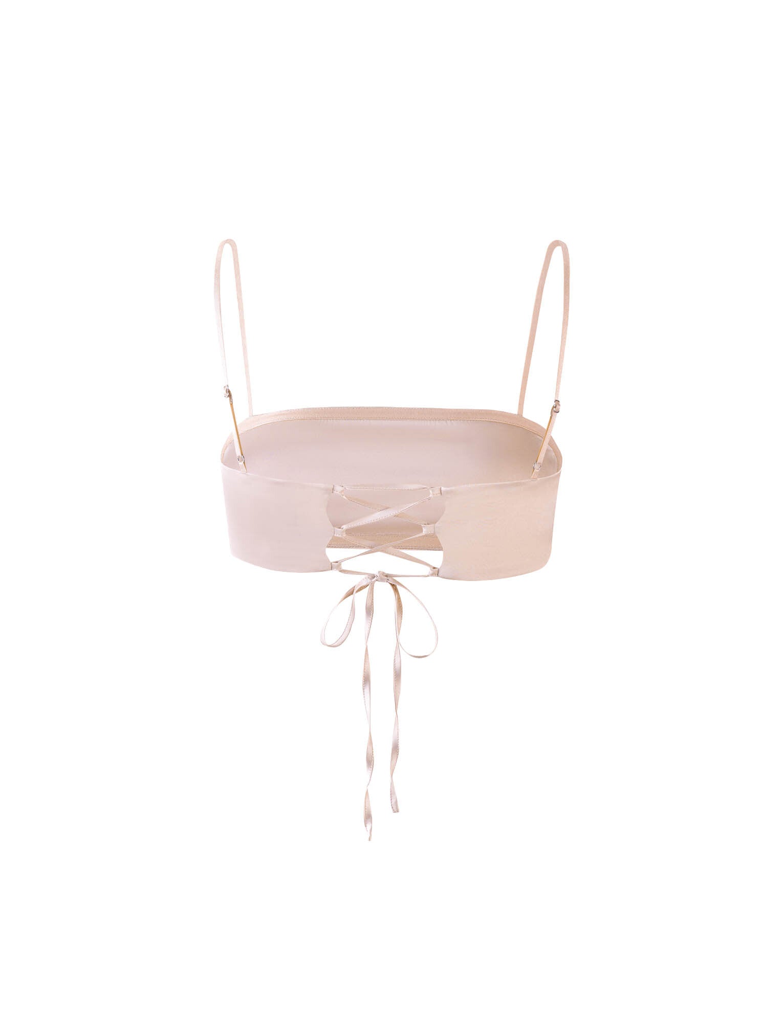 The ALINA TOP - WHITE : IVORY from TIGERMIST is a minimalist crop top featuring thin adjustable straps, a bandeau design, and elegant lace-up detail with thin ribbons at the back. Its smooth and silky material gives it an exceptionally stylish look.
