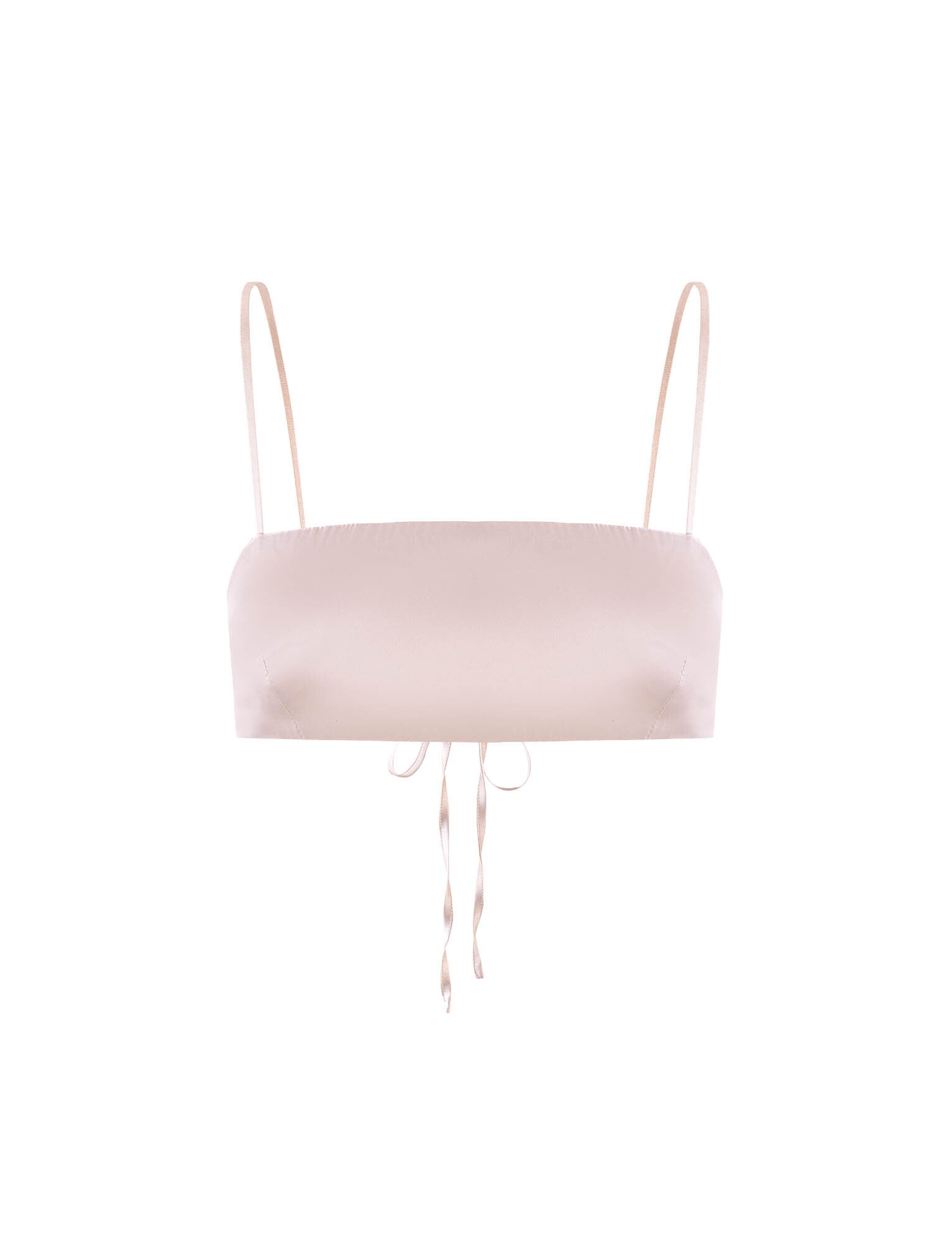 The ALINA TOP - WHITE : IVORY by TIGERMIST is a minimalistic bralette featuring thin adjustable straps and a small bow-tie detail at the center front. This light beige bralette boasts a sleek and smooth design, offering a simple yet elegant appearance.